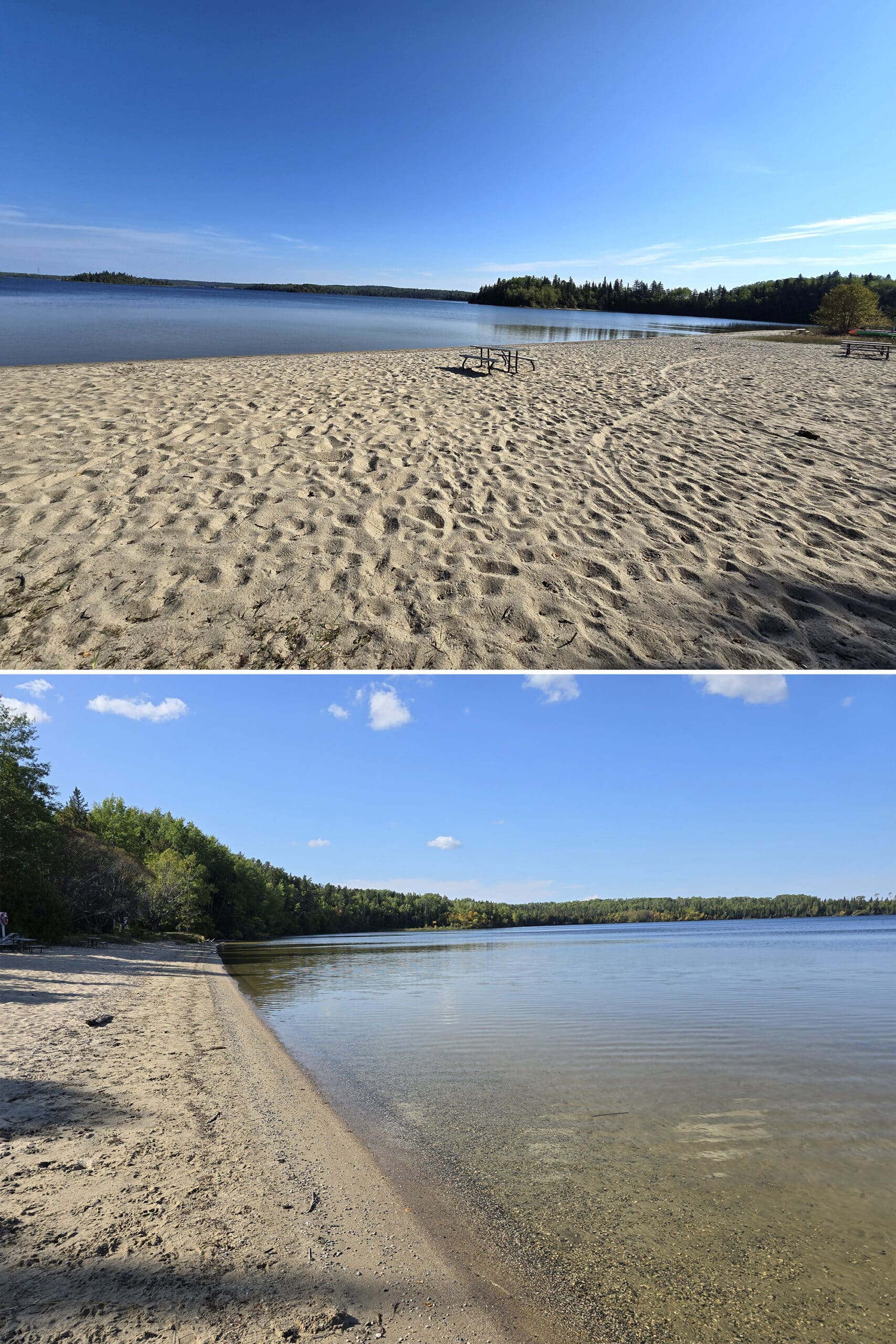 2 part image showing the main beach at white lake provincial park.