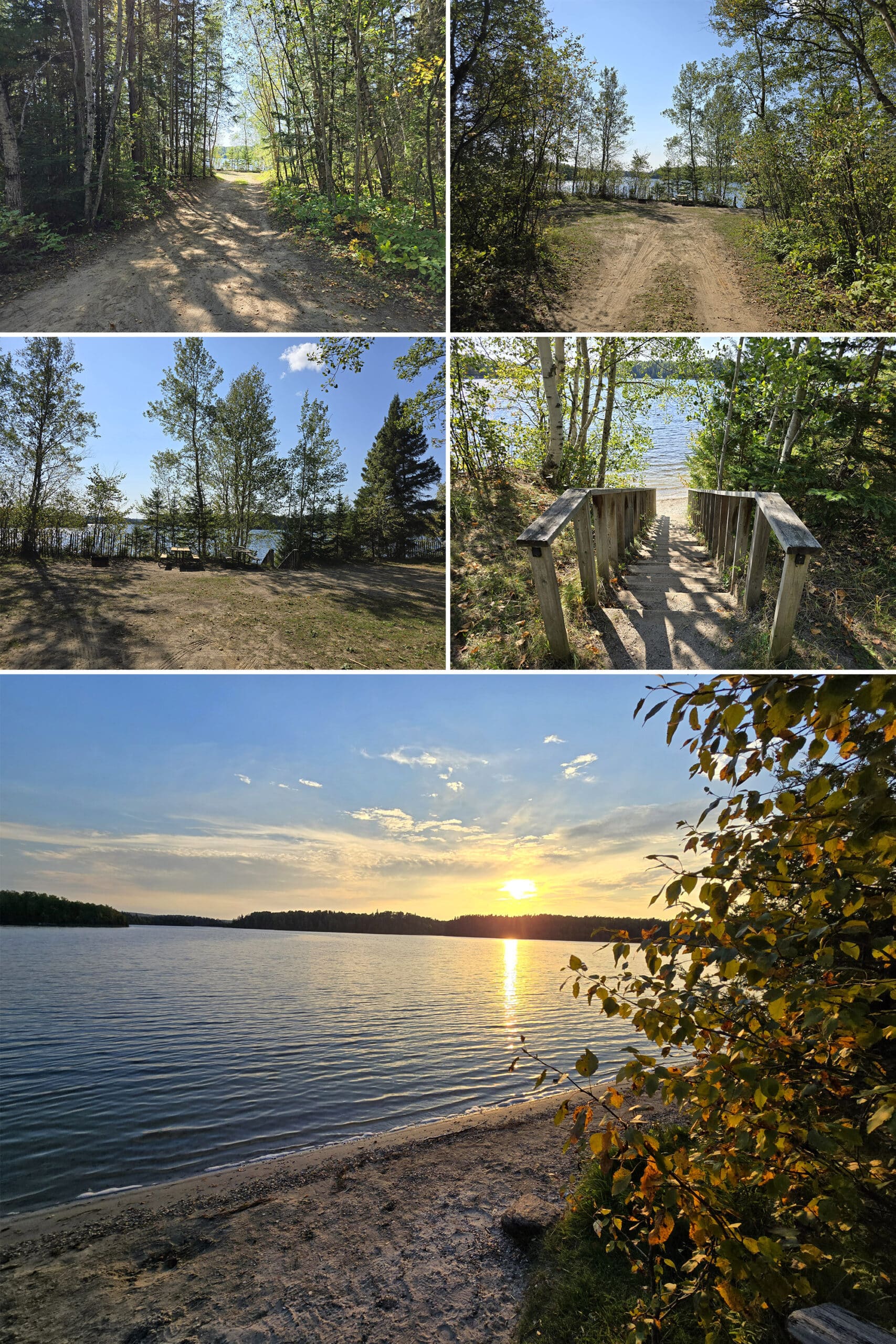 5 part image showing views of a campsite, a staircase, and a private beach at sunset.