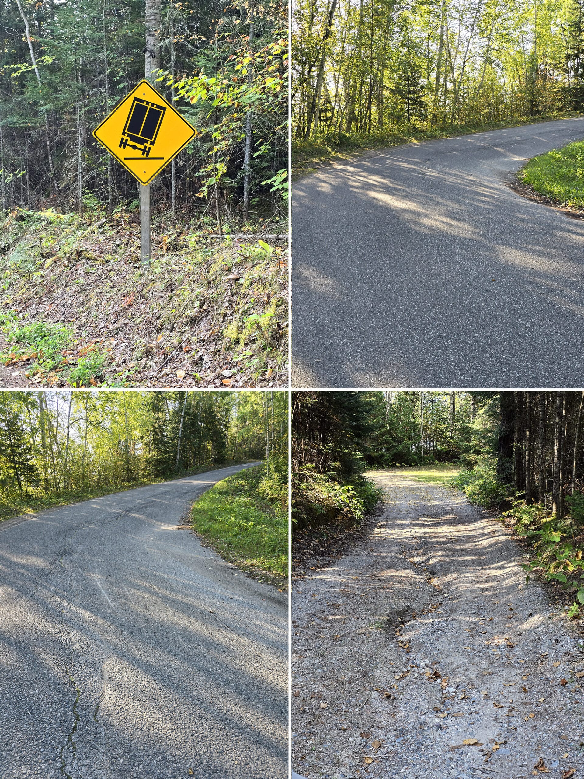 4 part image showing some really bad road conditions and a road sign.