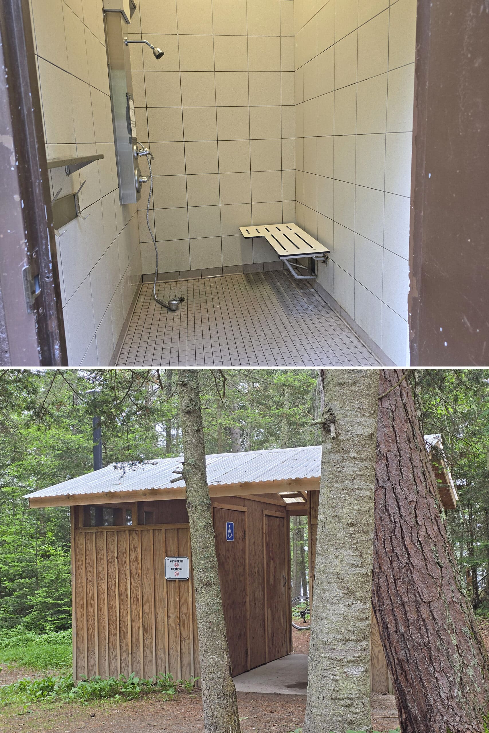 2 part image showing an accessible shower and an accessible outhouse.