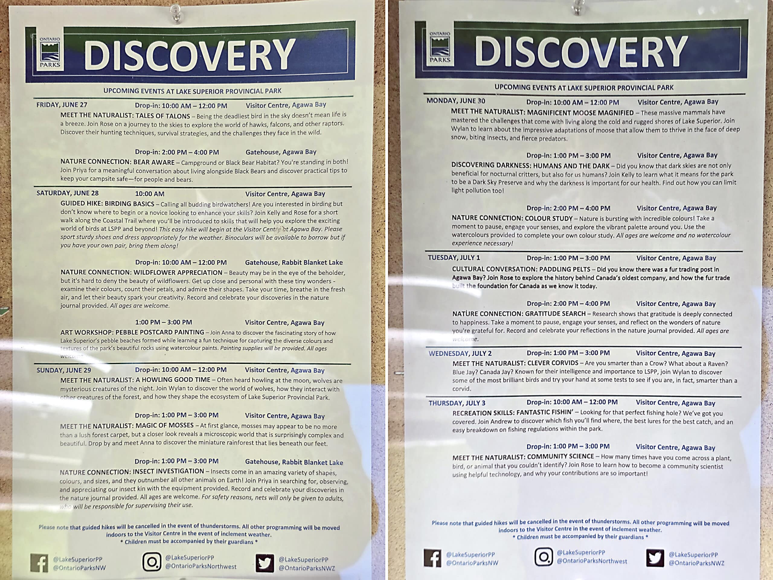 2 part image showing printouts of the discovery event programming schedule at lake superior provincial park.
