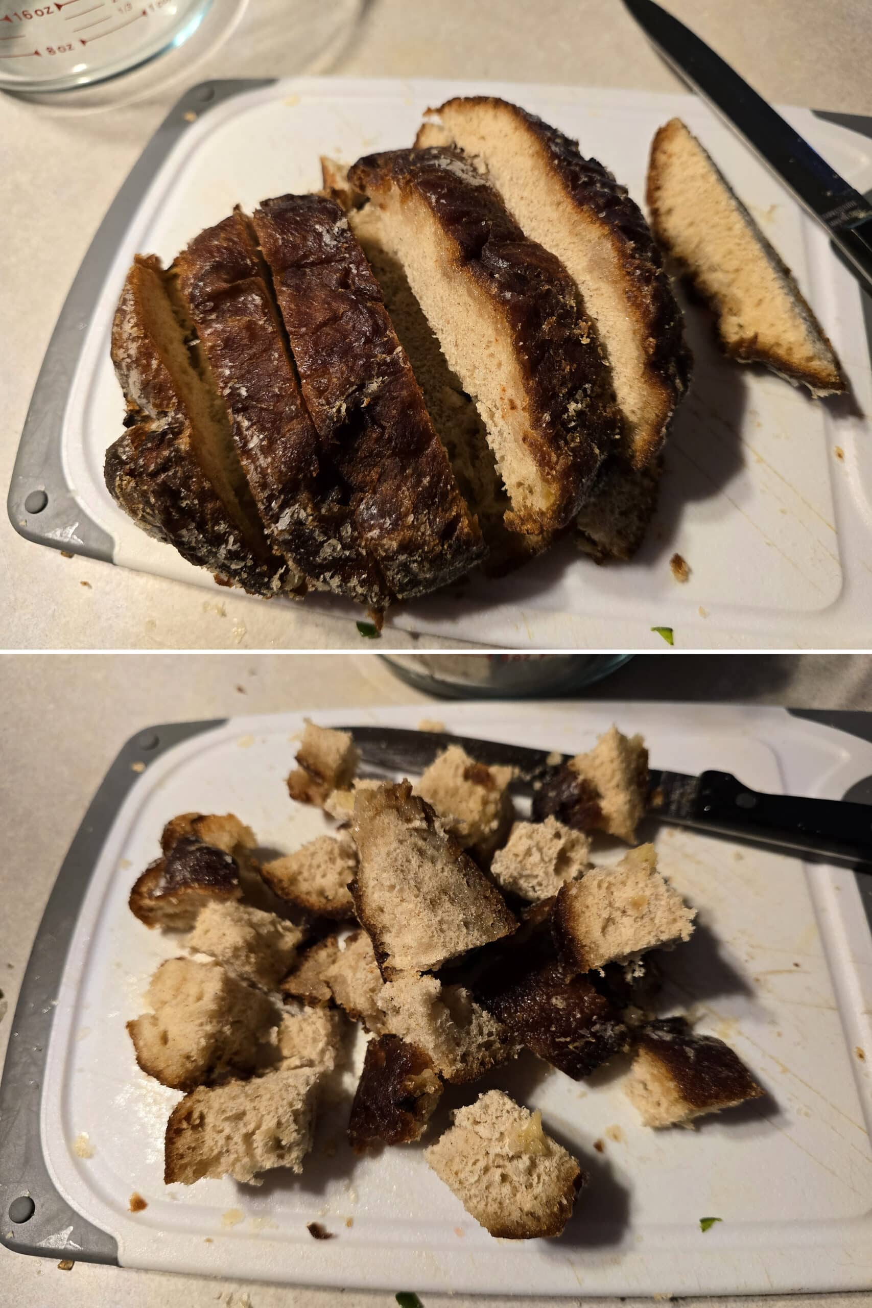 2 part image showing apple fritters being cut into bite sized cubes.