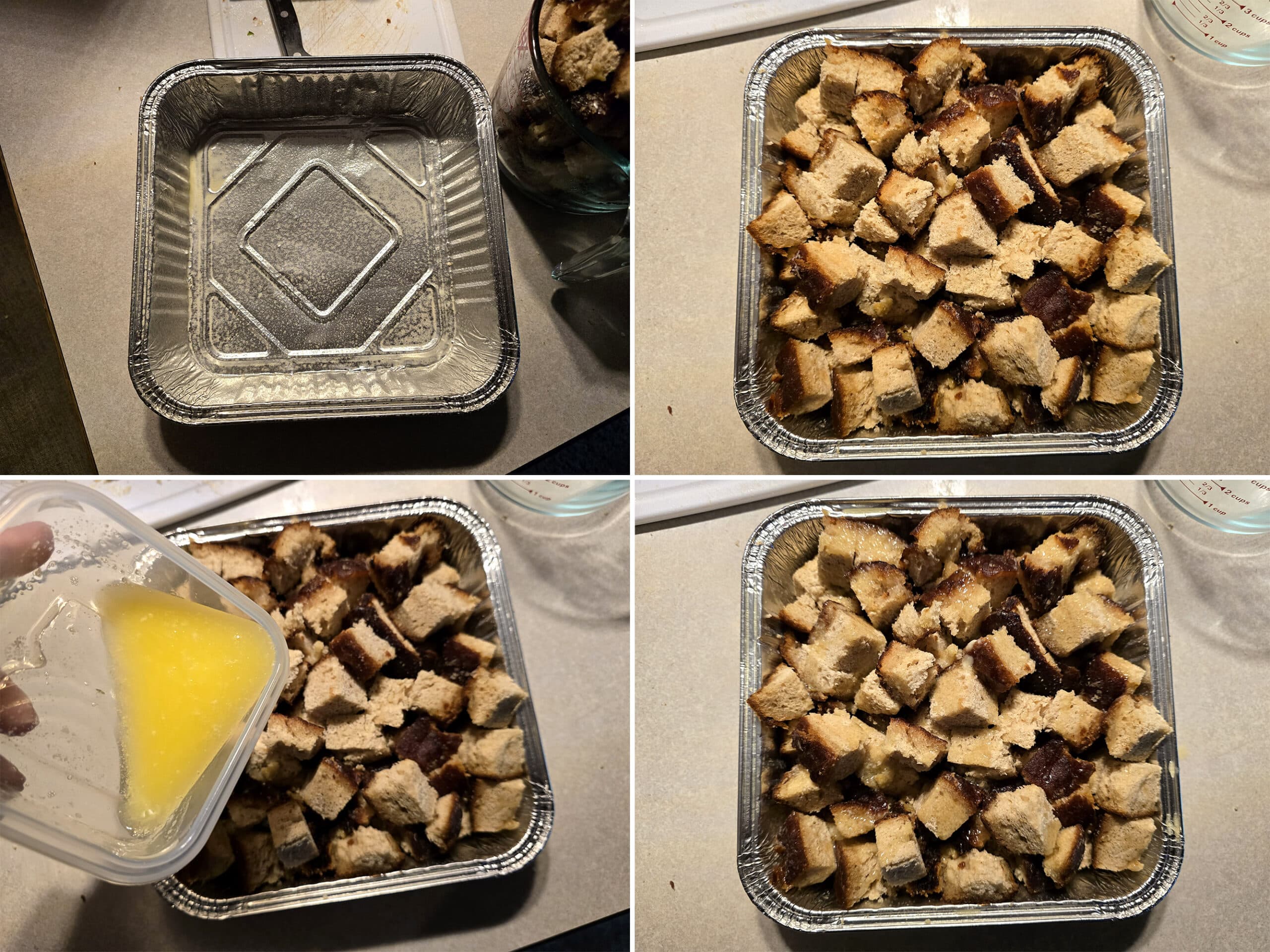 4 part image showing a square pan being greased, filled with apple fritter cubes, butter being added, and everything mixed.