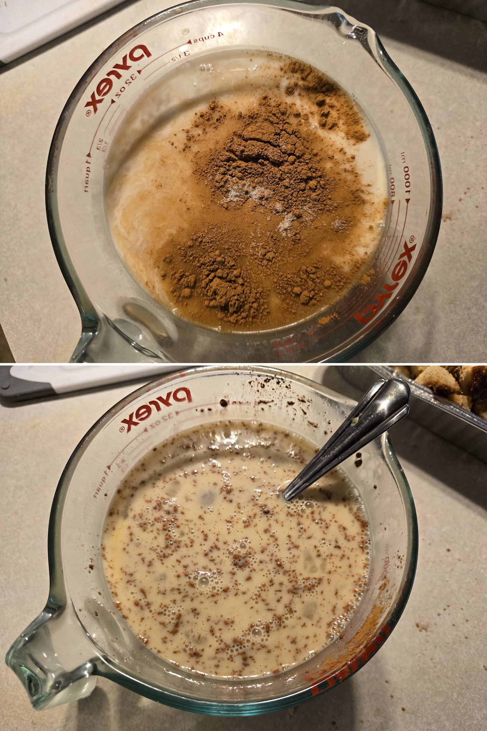 2 part image showing the bread pudding custard being mixed in a glass measuring cup.