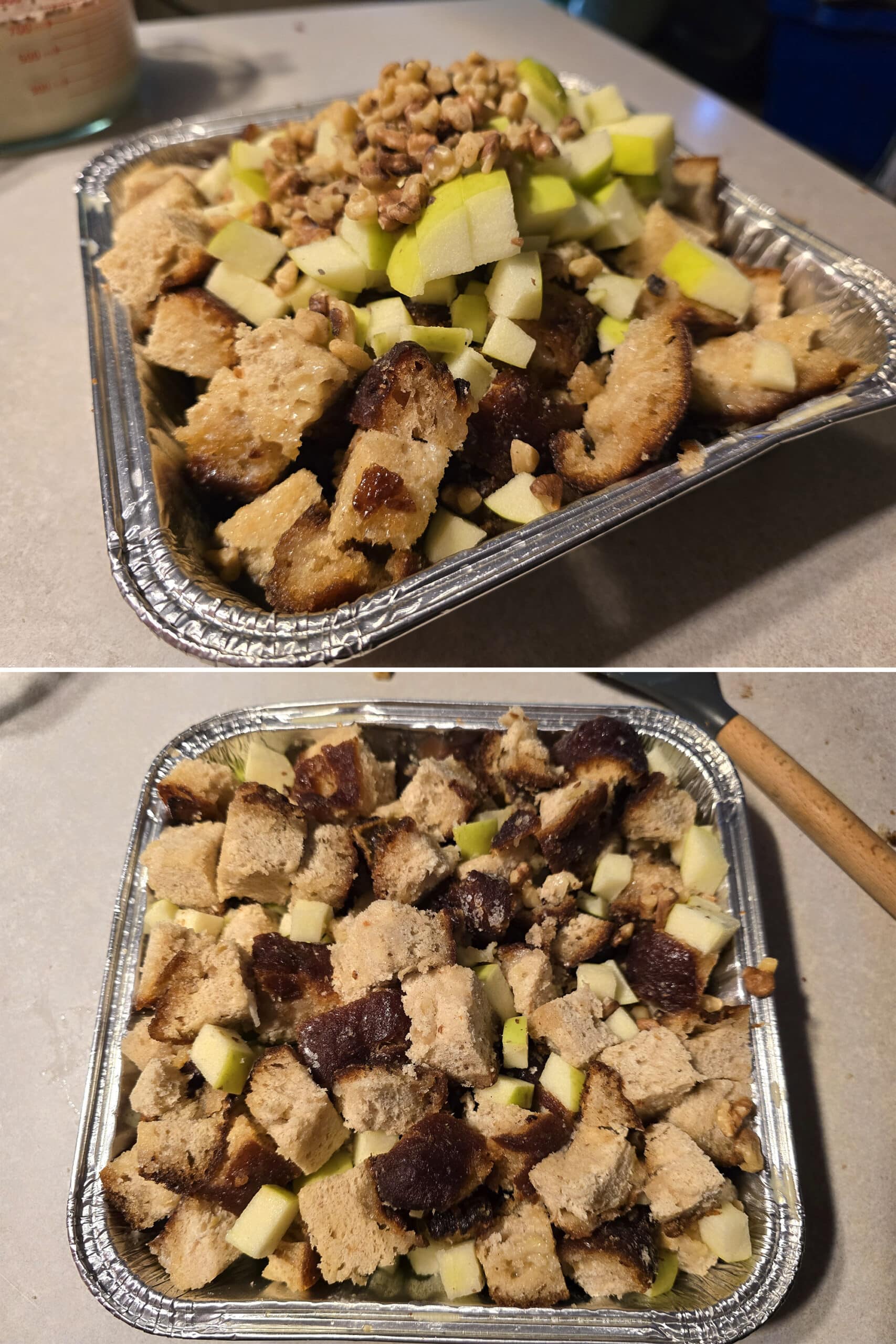 2 part image showing the apple chunks and nuts being mixed into the fritter cubes.