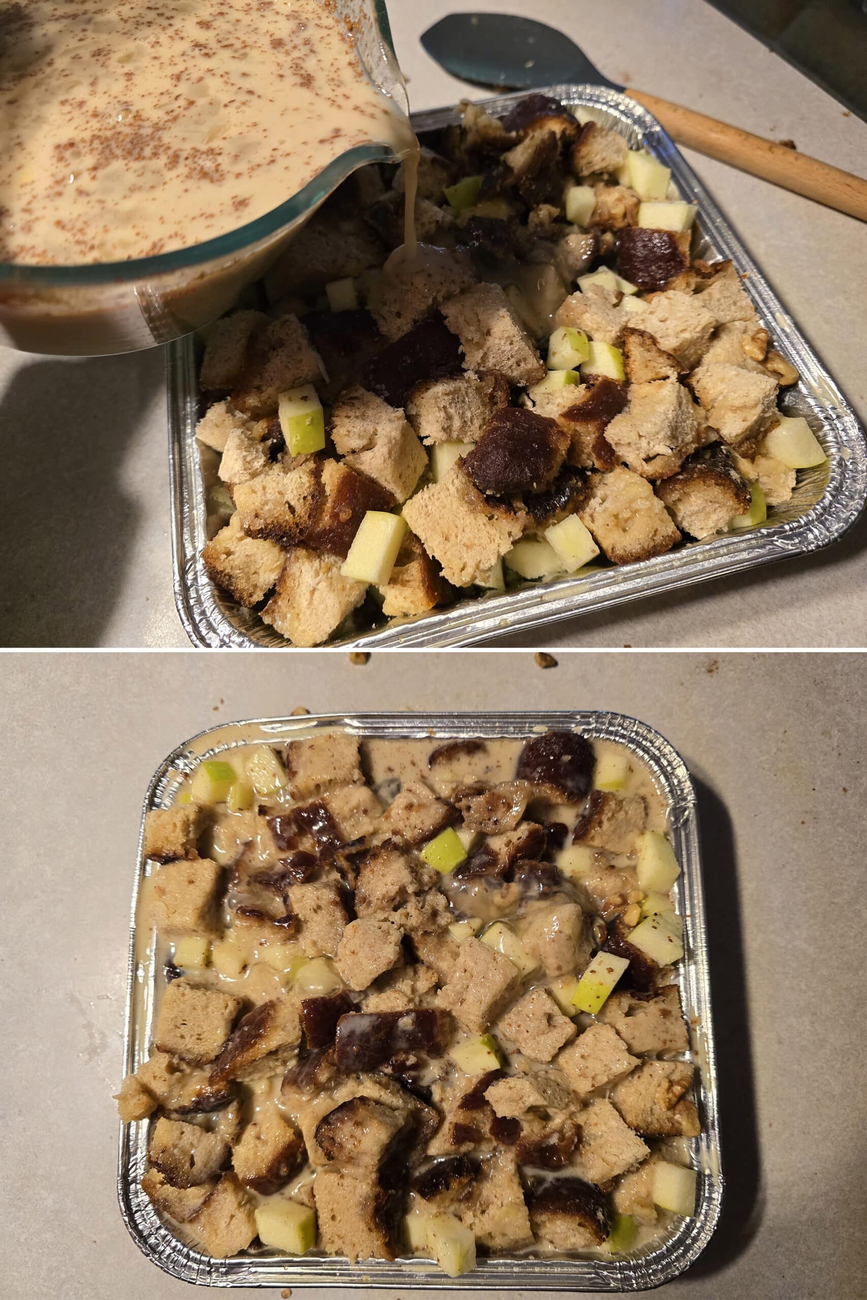 2 part image showing the custard poured over the apple fritter cubes and mixed in.