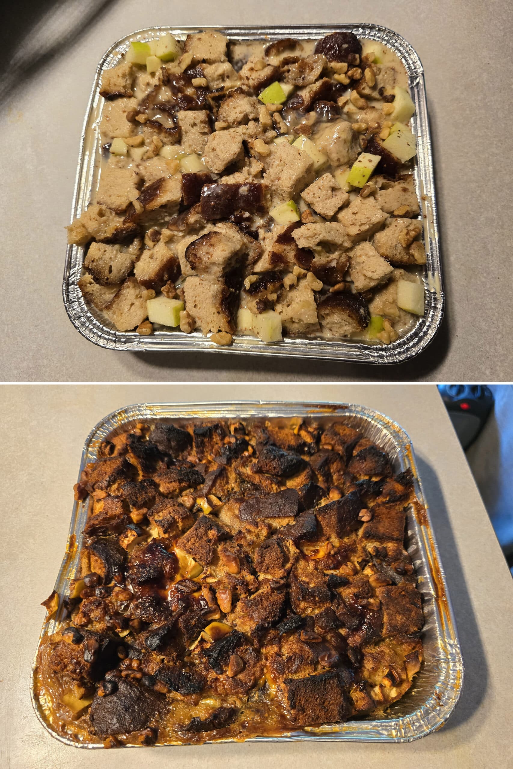 2 part image showing the pan of apple fritter bread pudding before and after baking.