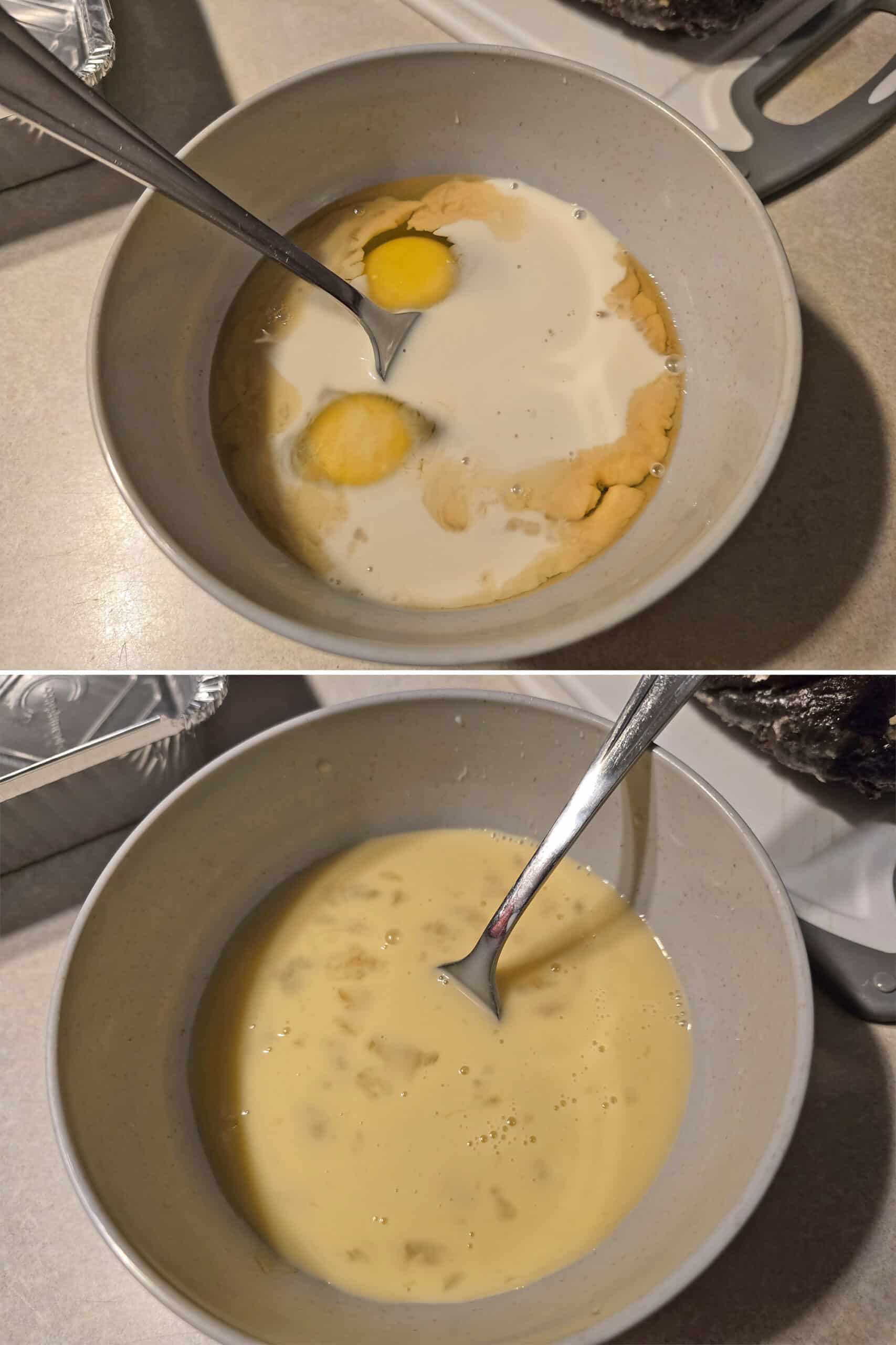 2 part image showing the french toast custard ingredients being mixed.