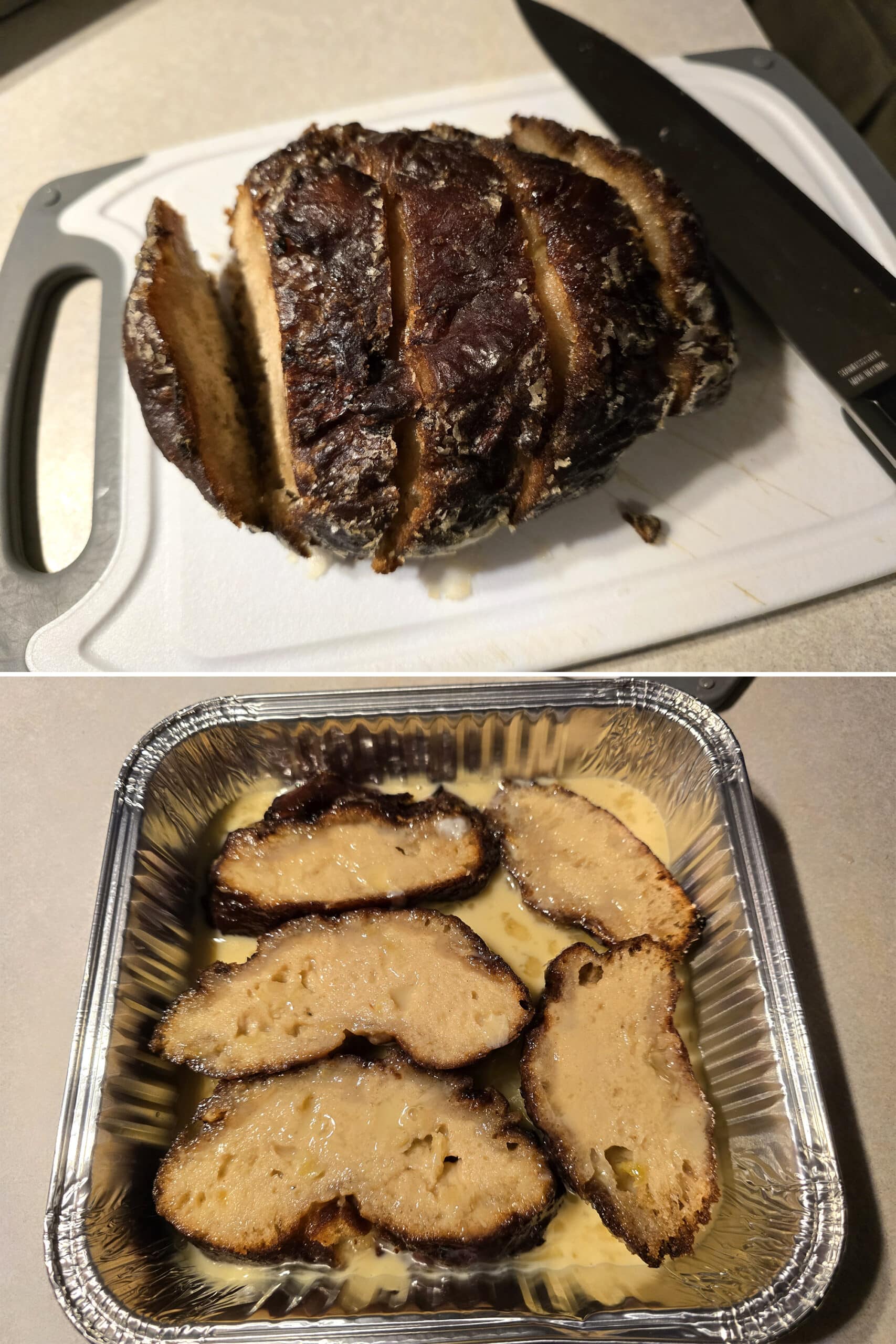 2 part image showing a large apple fritter being sliced and soaked in the custard.