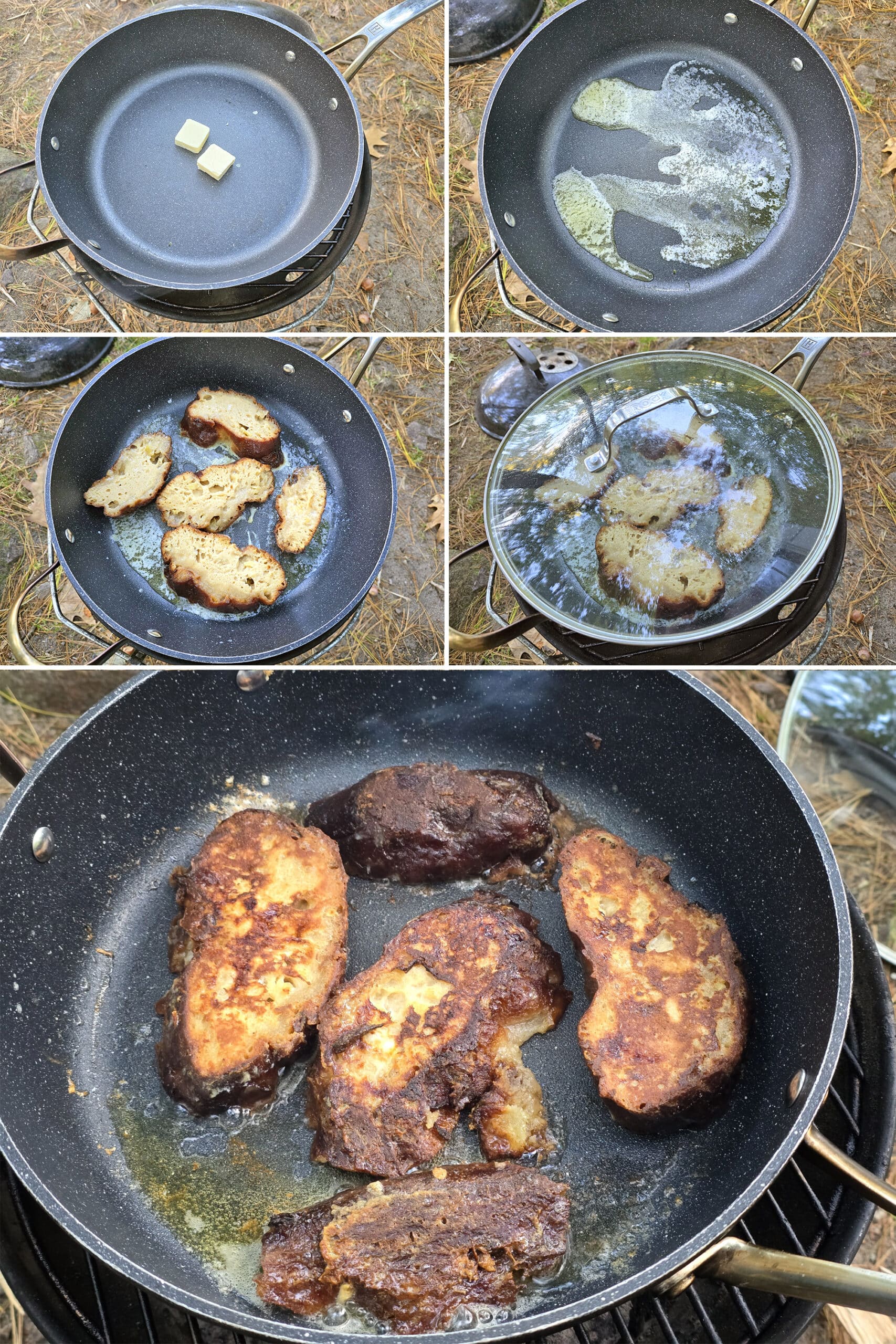 5 part image showing the apple fritter slices being cooked in a pan over a campfire.