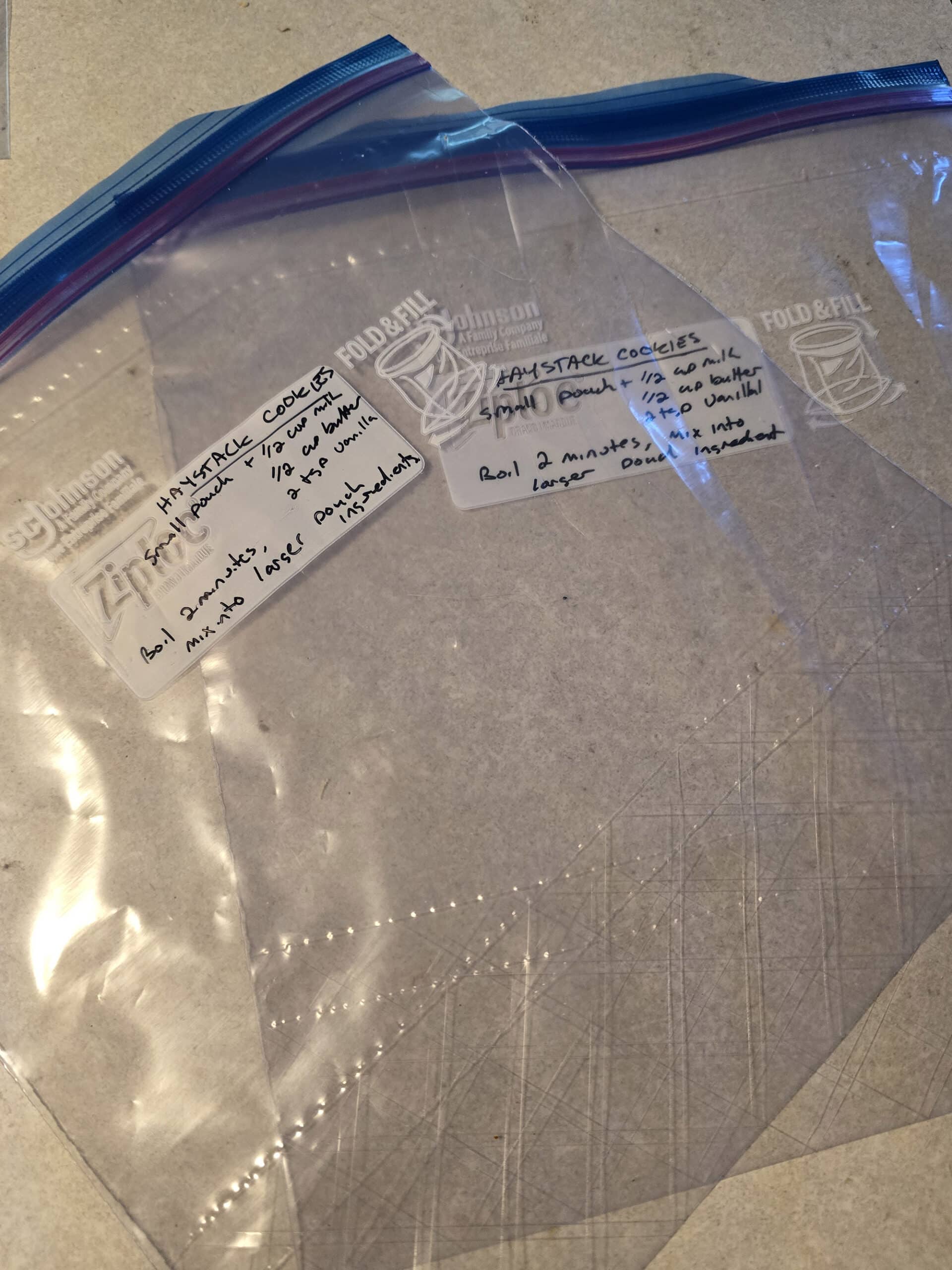 Two large freezer bags labeled with usage instructions.