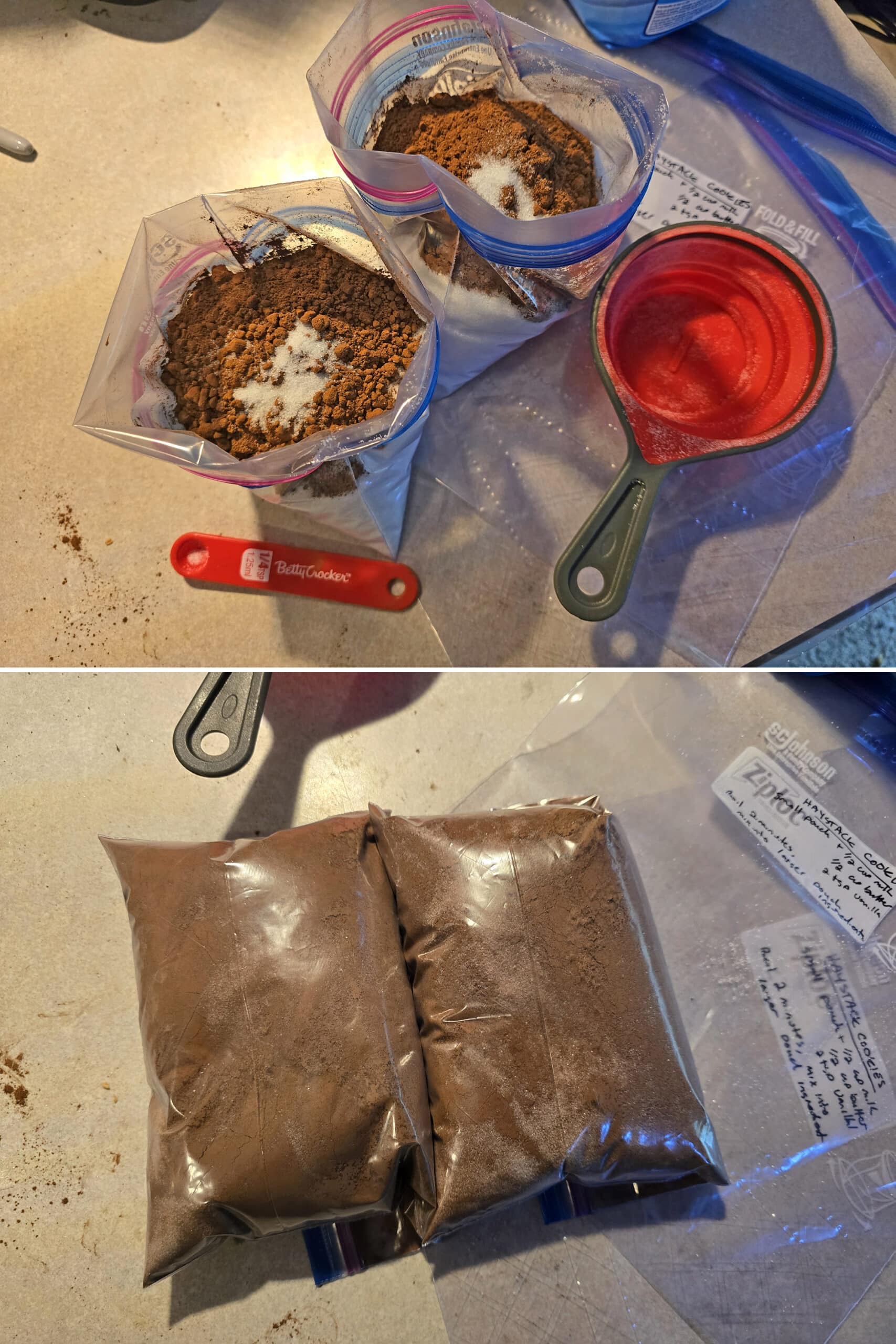 Chocolate mixture ingredients being measured into medium freezer baggies and sealed.