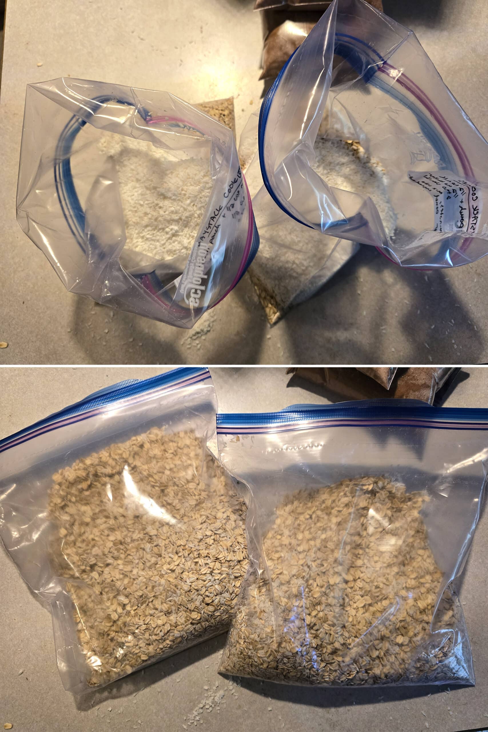 2 part image showing the oat and coconut mixture being measured into the large freezer bags and mixed.