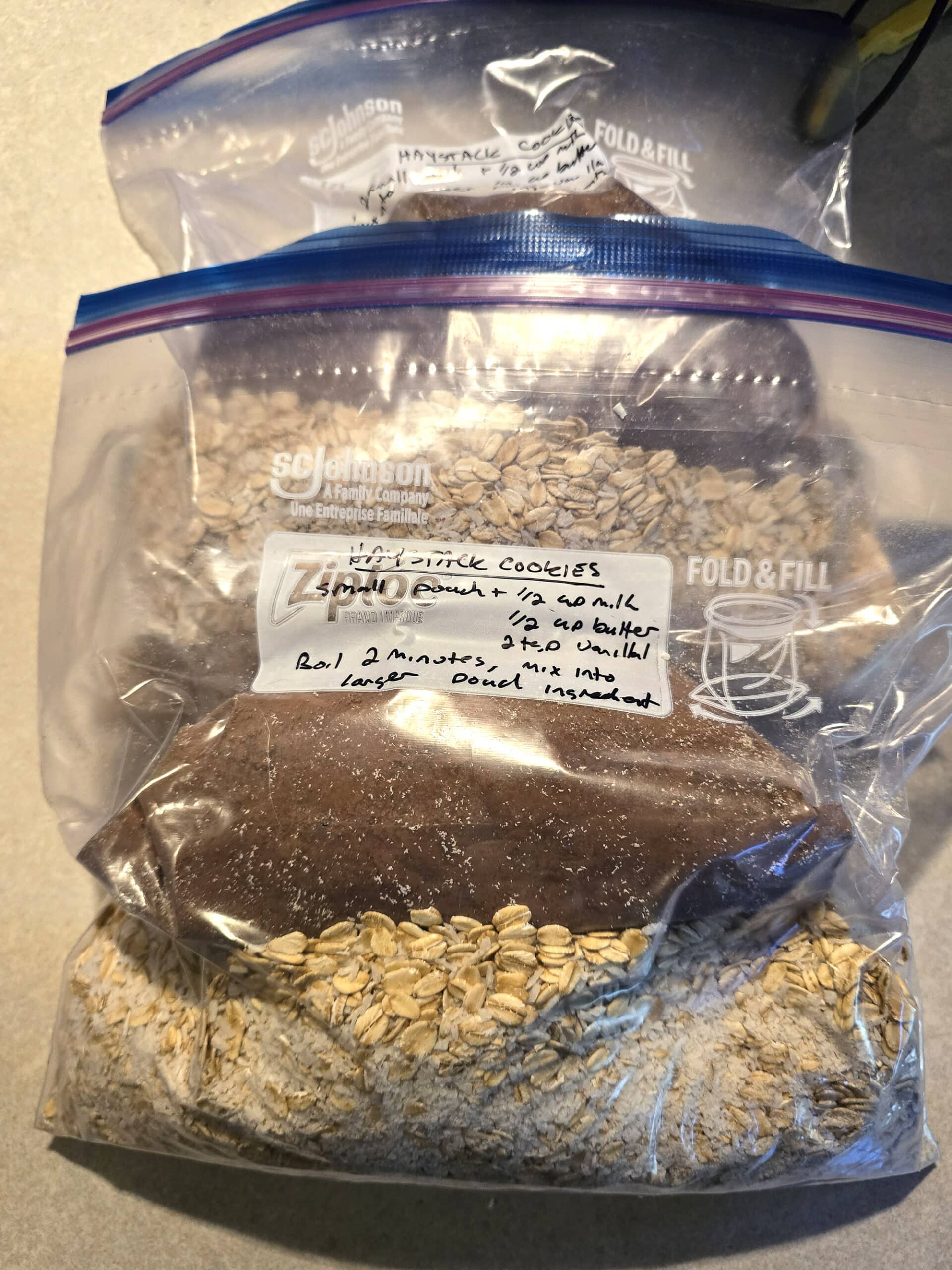 A large freezer bag of ingredient mix, as well as a bag of the chocolate mixture ingredients inside.