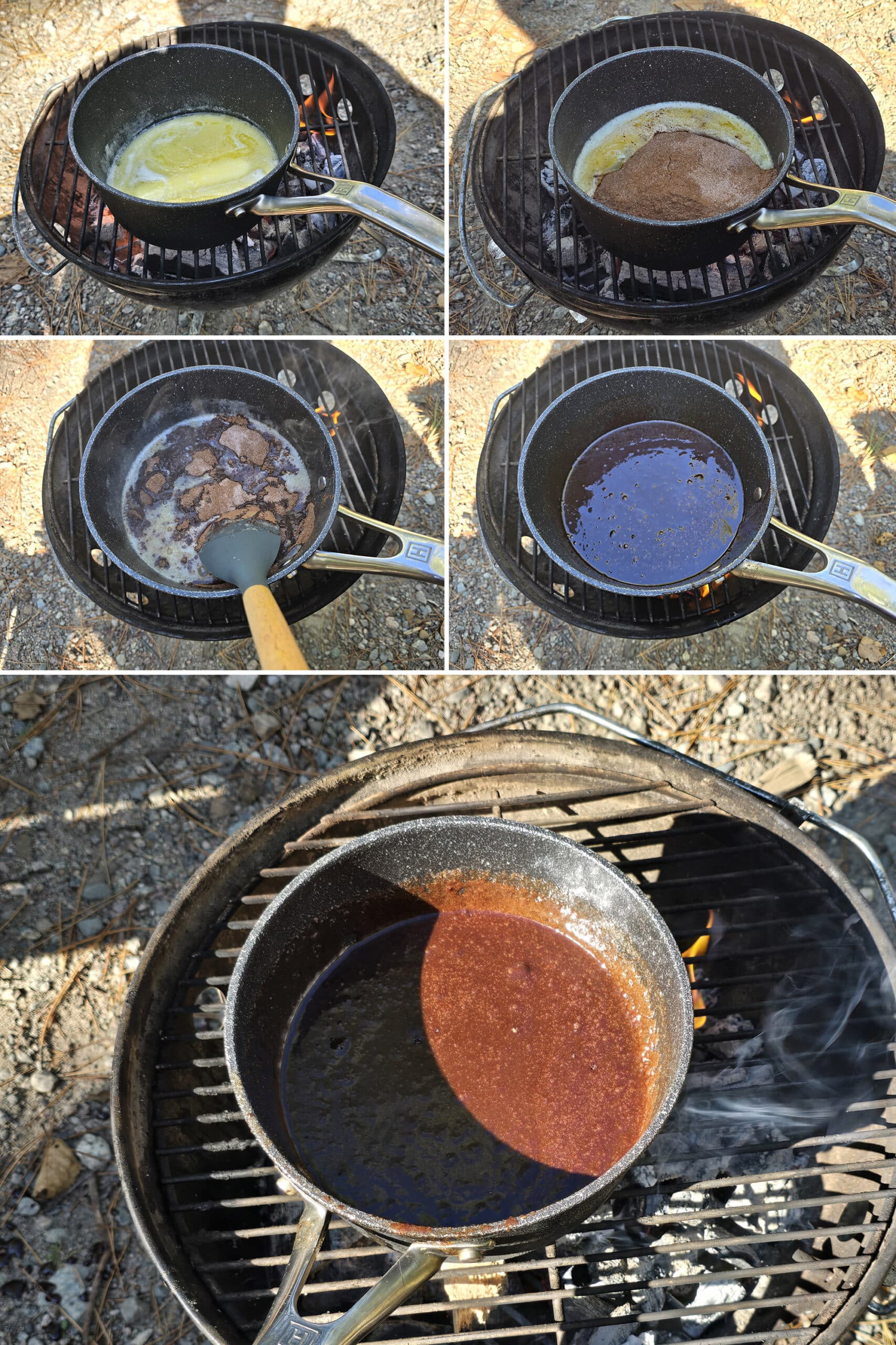 5 part image showing butter being melted, milk added, and the chocolate powder mixture stirred in.