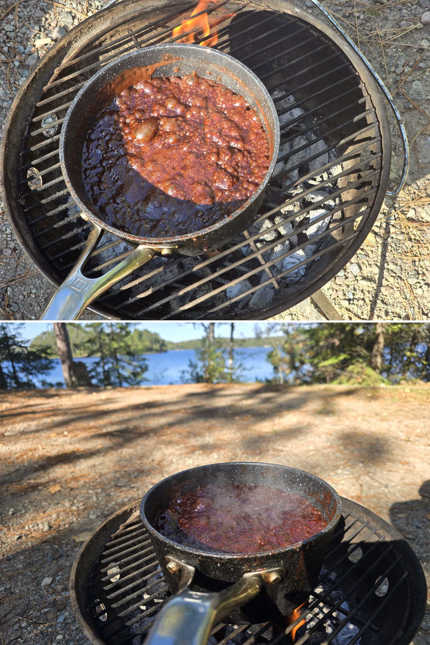 A pot of bubbling chocolate cookie mixture boiling over  a campfire.