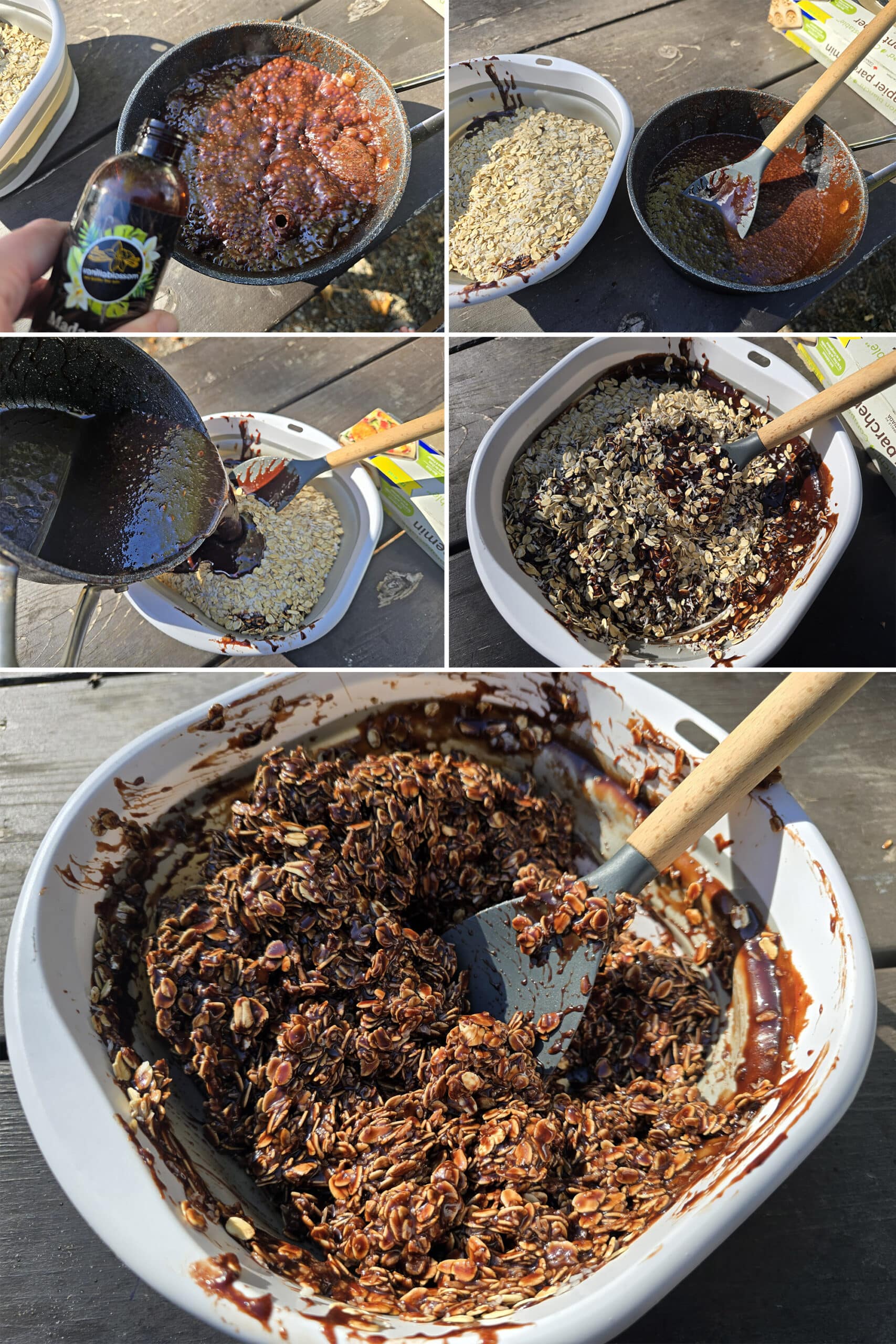 5 part image showing the vanilla being added, and the chocolate mixture being stirred into the bowl of oat mixture.