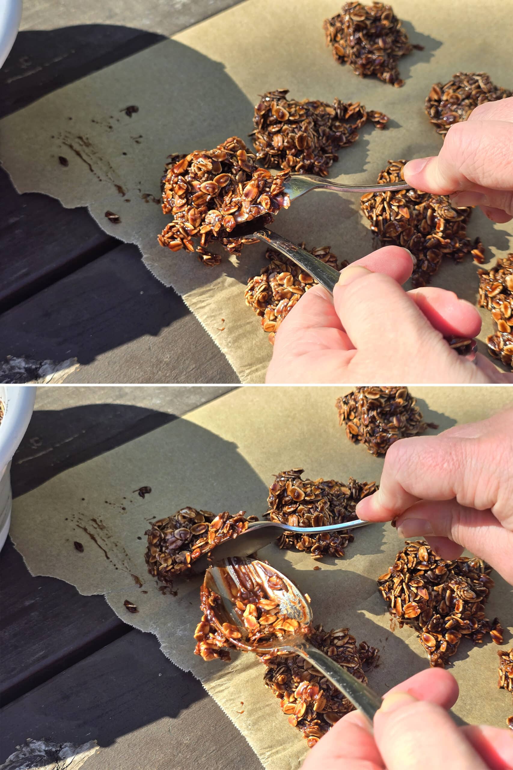 2 part image showing 2 spoons being used to scoop mound of cookie mixture onto parchment paper.