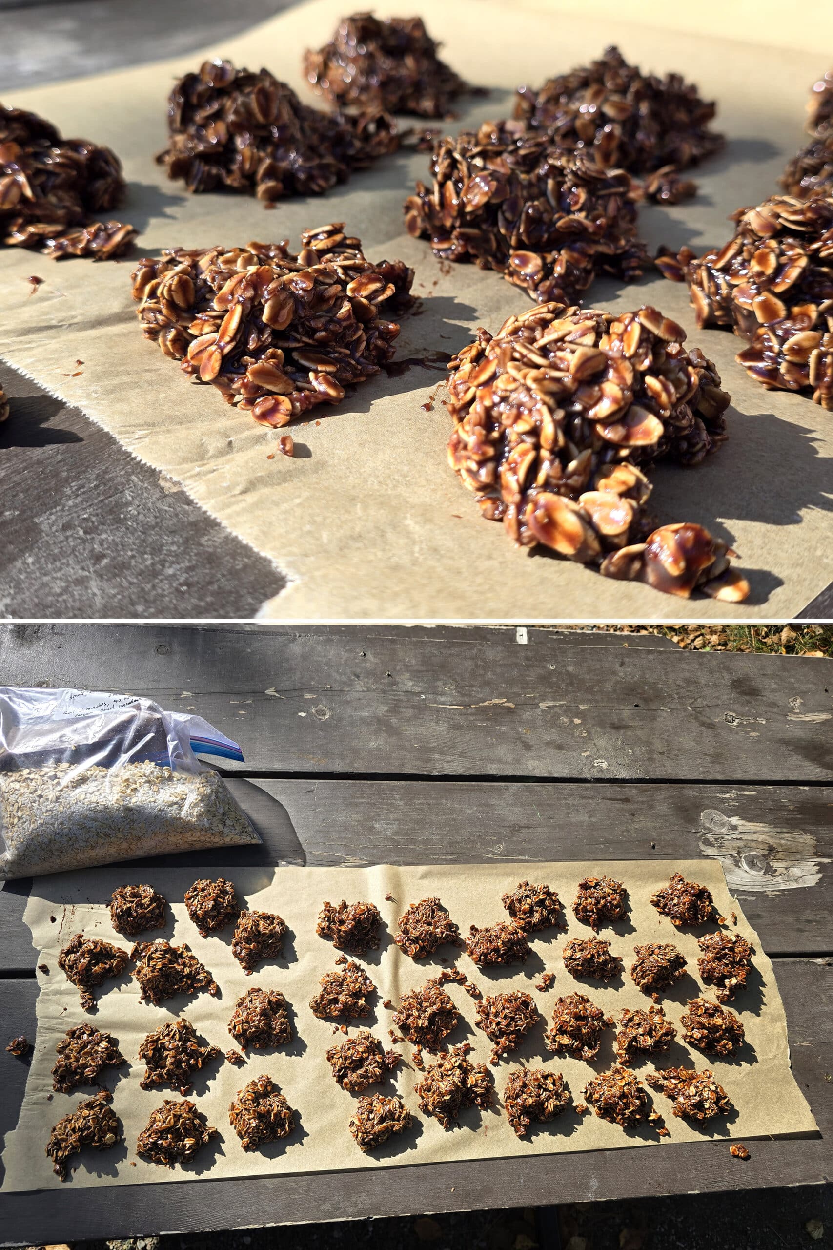 2 part image showing cookies drying on parchment paper, on a picnic table.