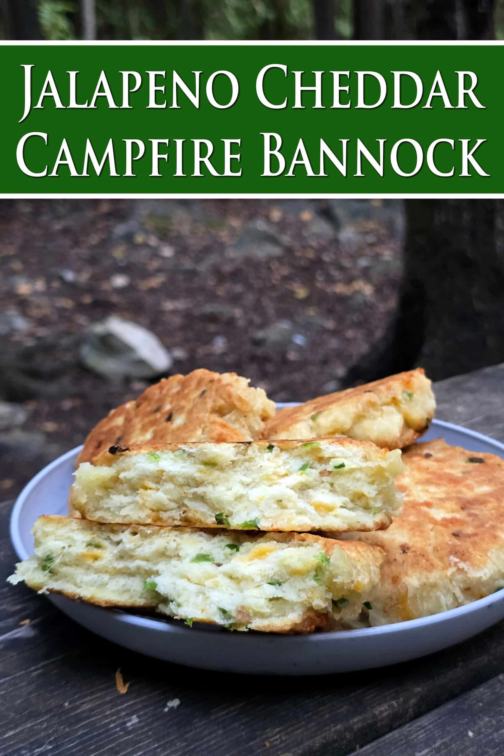 A plate of cheddar jalapeno bannock.  Overlaid text says jalapeno cheddar campfire bannock.