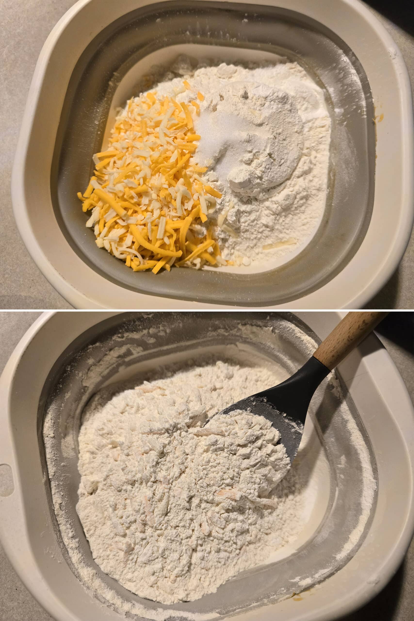 2 part image showing the dry ingredients and cheese being mixed together in a bowl.