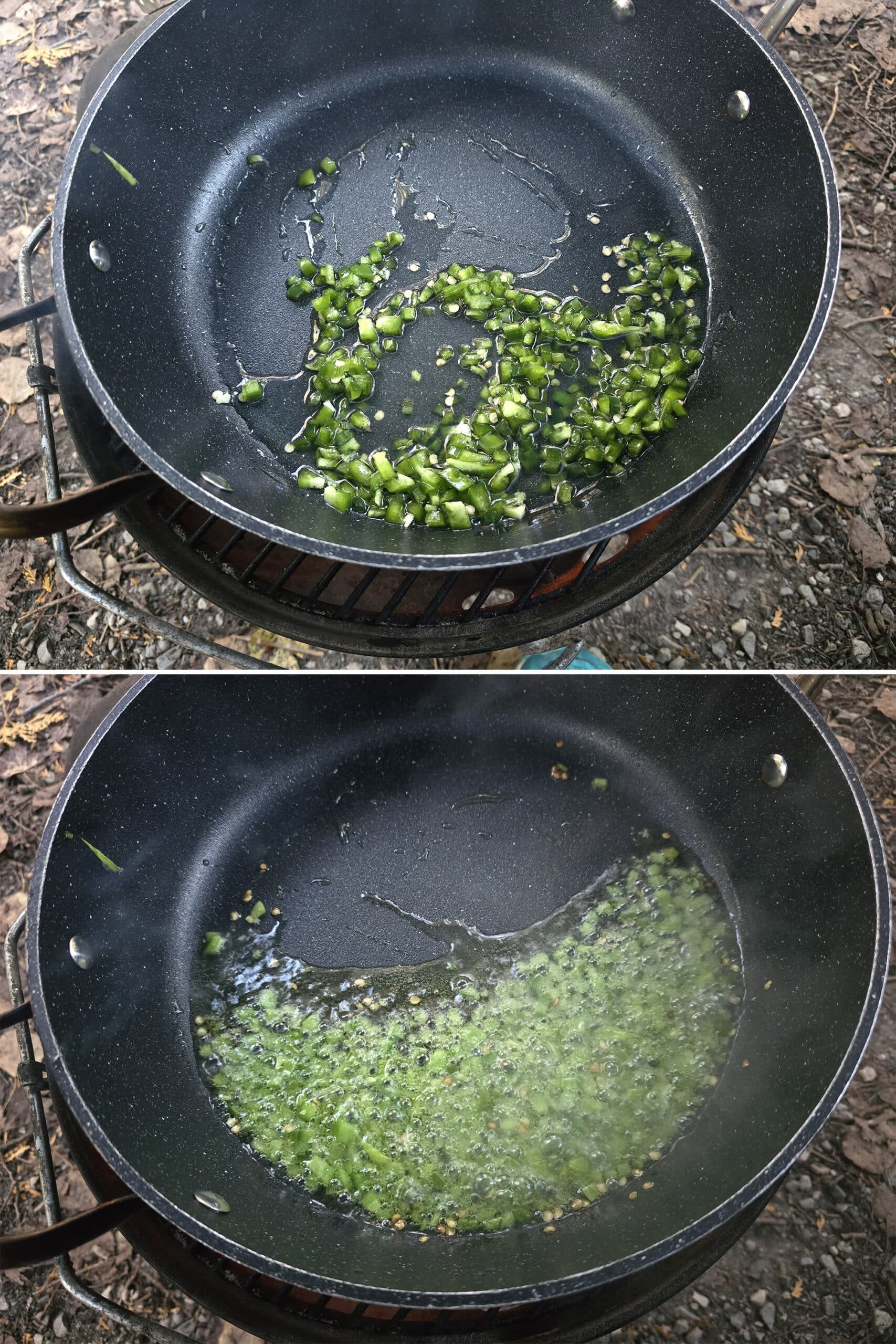 2 part image showing finely chopped jalapenos cooking in oil.