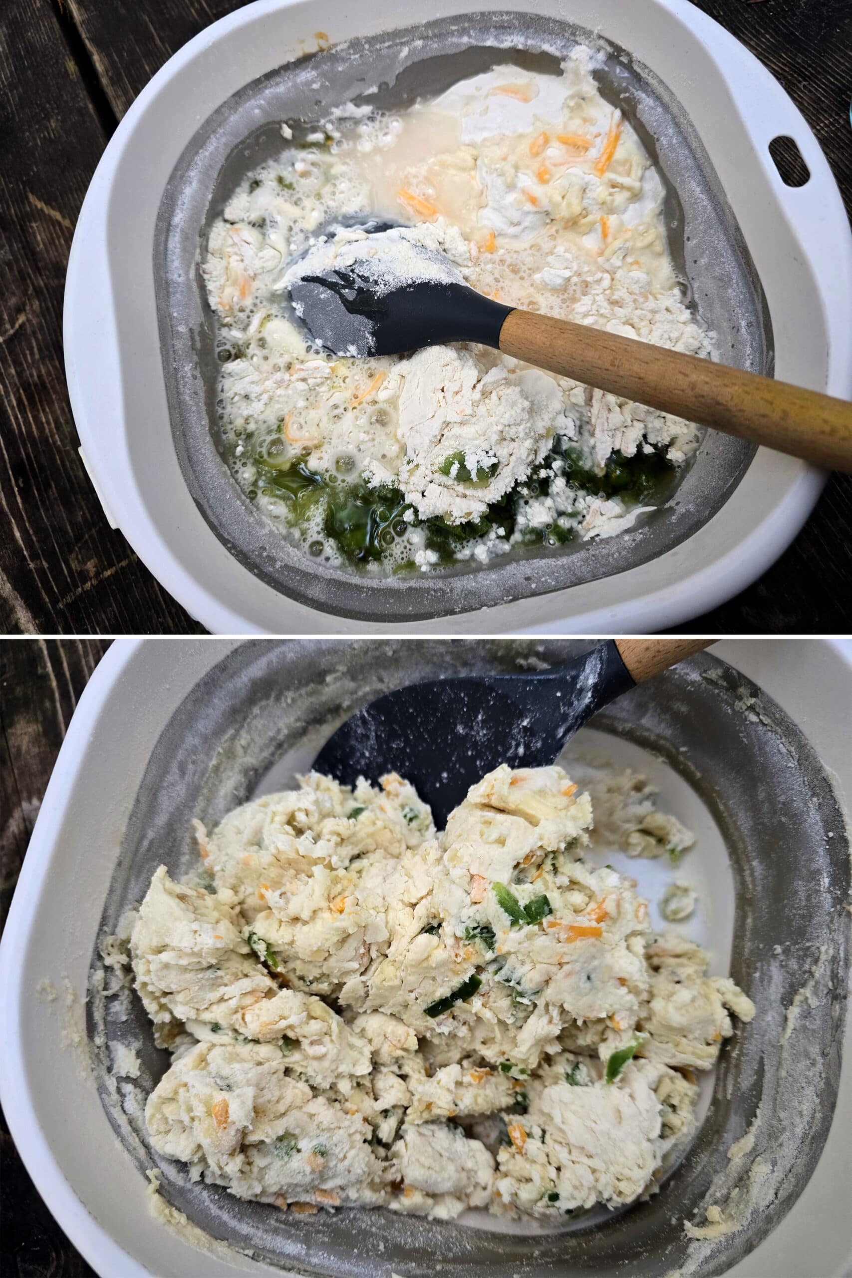 2 part image showing the oil, jalapenos, and water being mixed into the dry ingredients mixture.