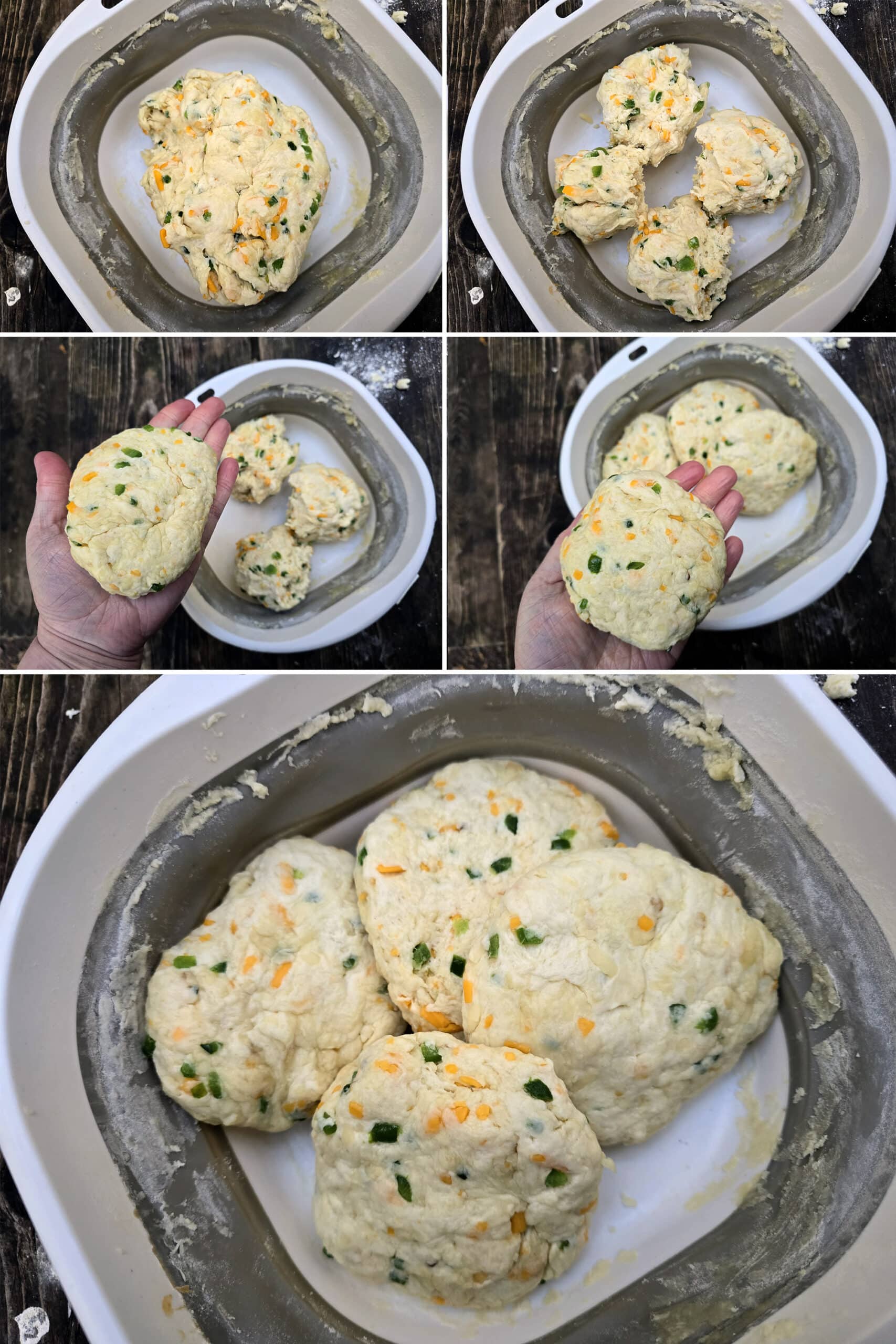 5 Part image showing the dough being kneaded smooth, divided into 4 pieces, and formed into flat round disks.