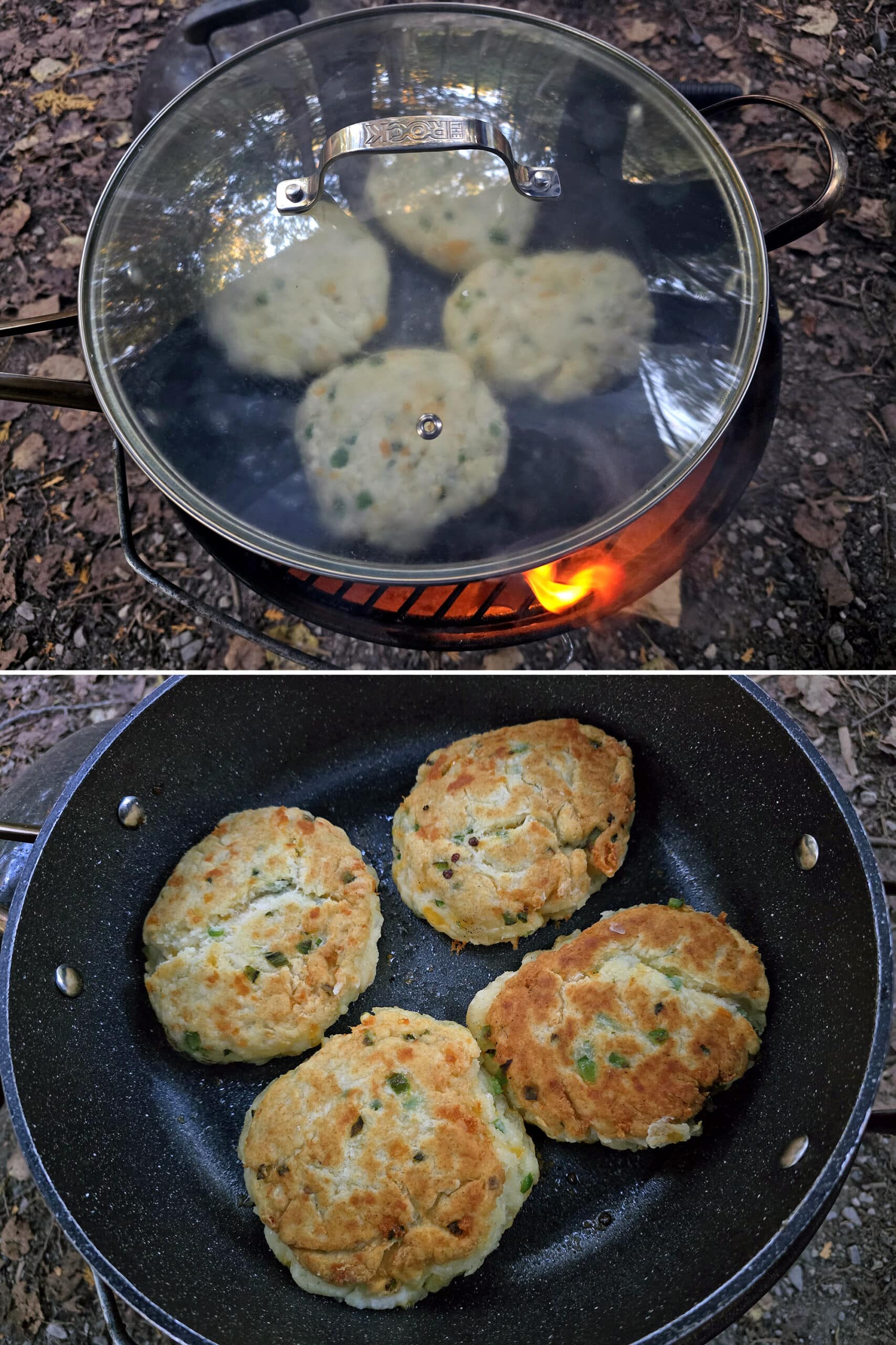 2 part image showing jalapeno cheddar bannock cooking in a covered pan over a fire, then the finished bannock in the pan, golden brown.