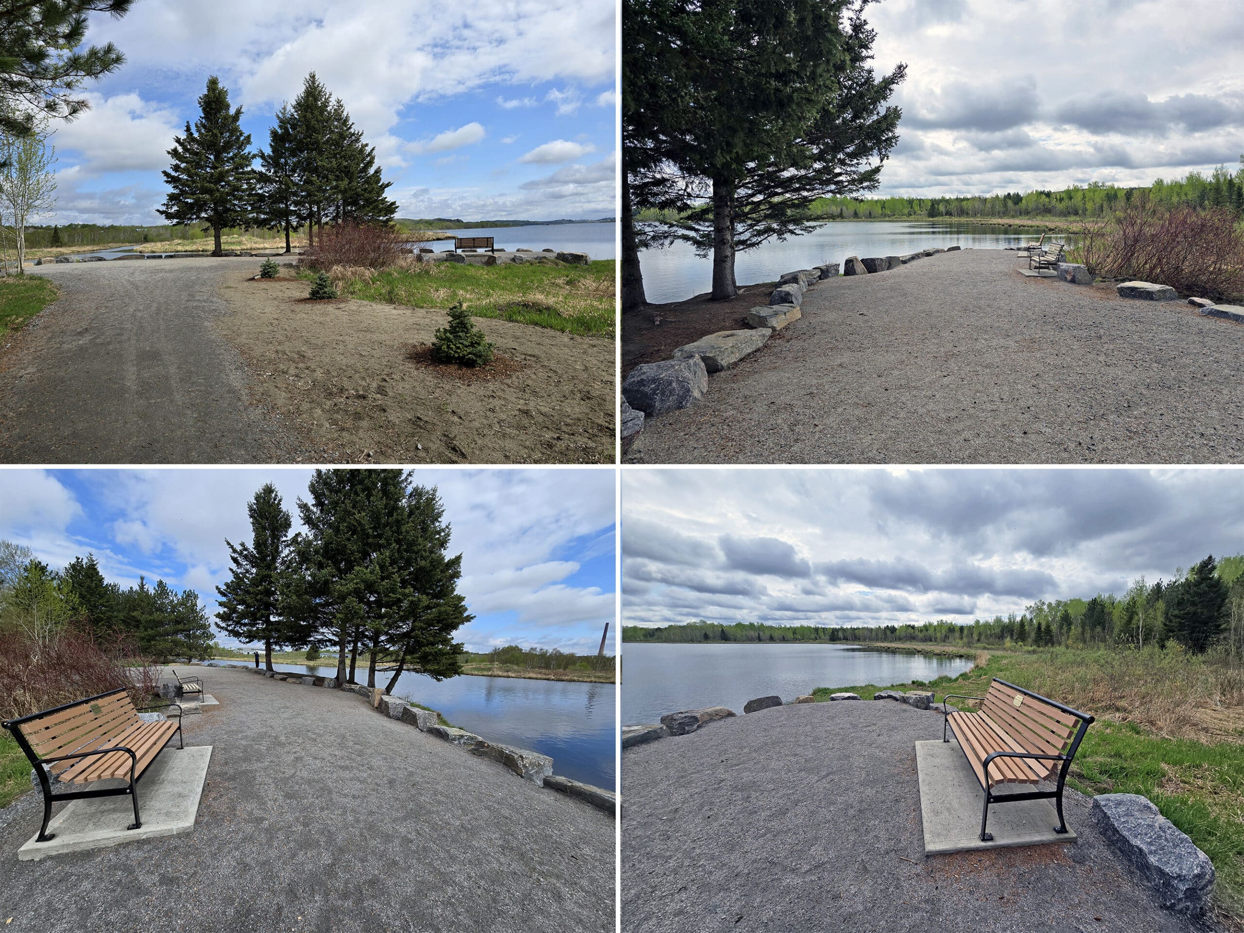 4 part image showing a gravel lookout over a river.