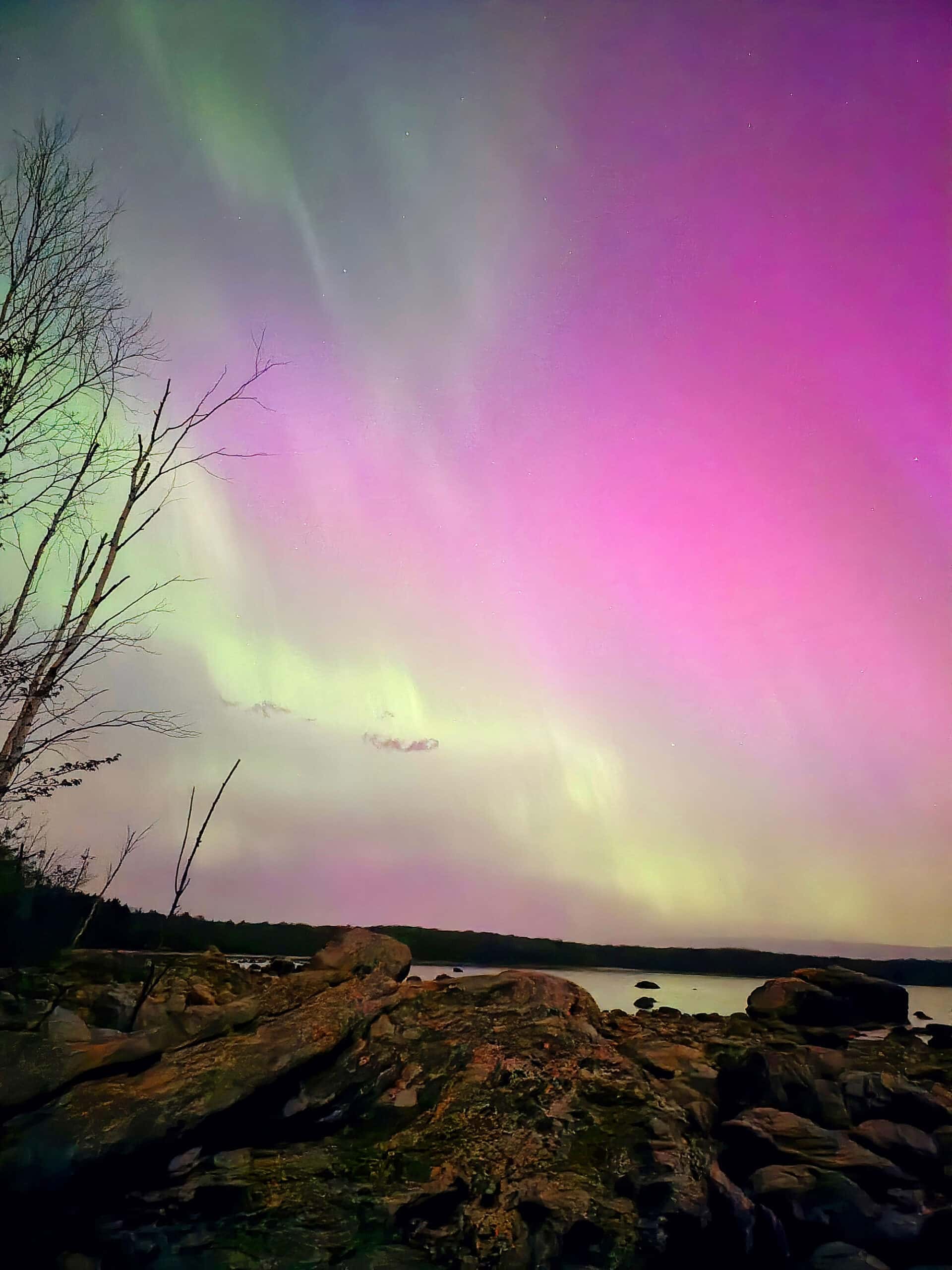 Bright pink aurora borealis display at awenda Provincial Park.