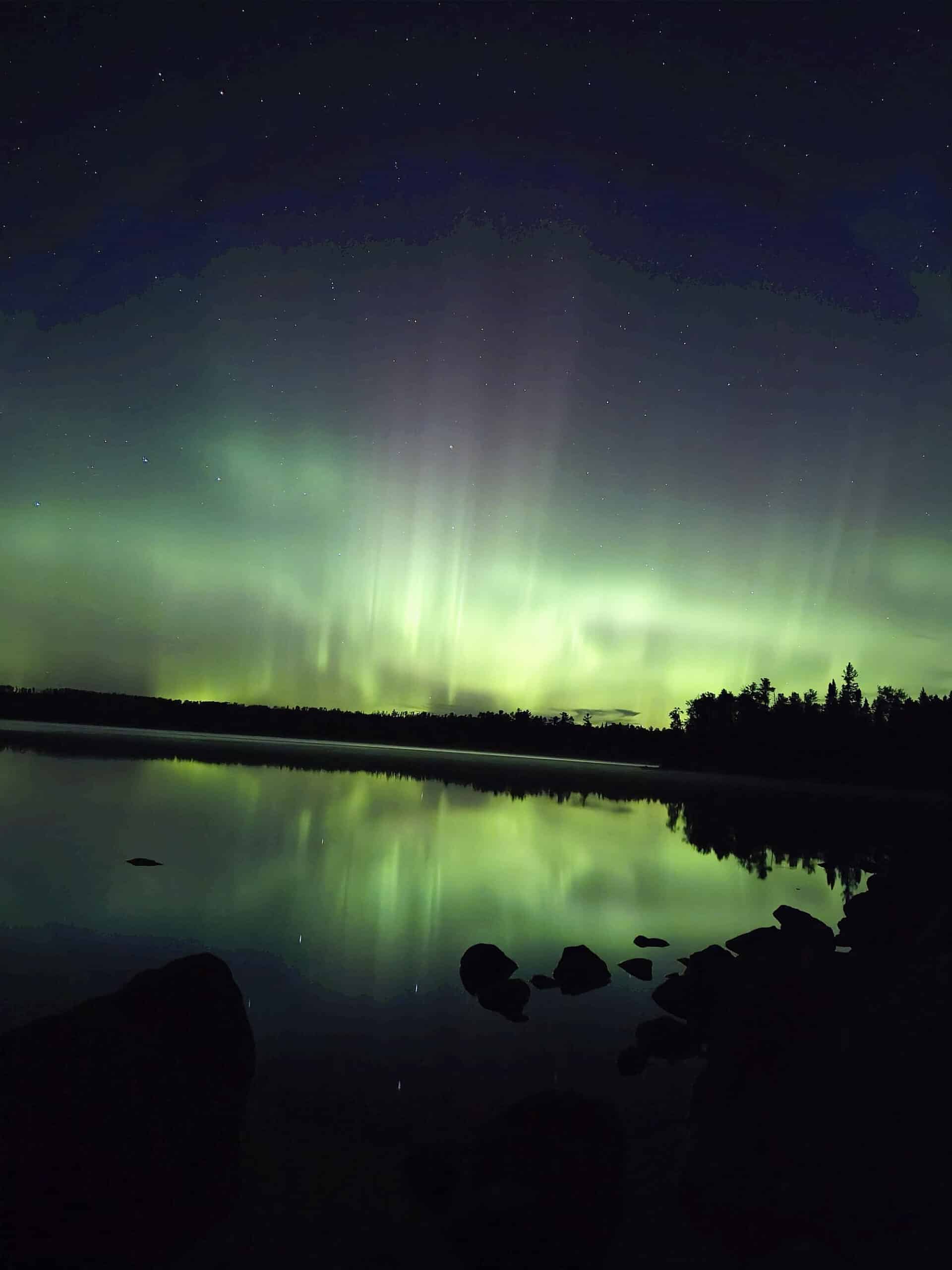 Bright northern lights display at Quetico Provincial Park.