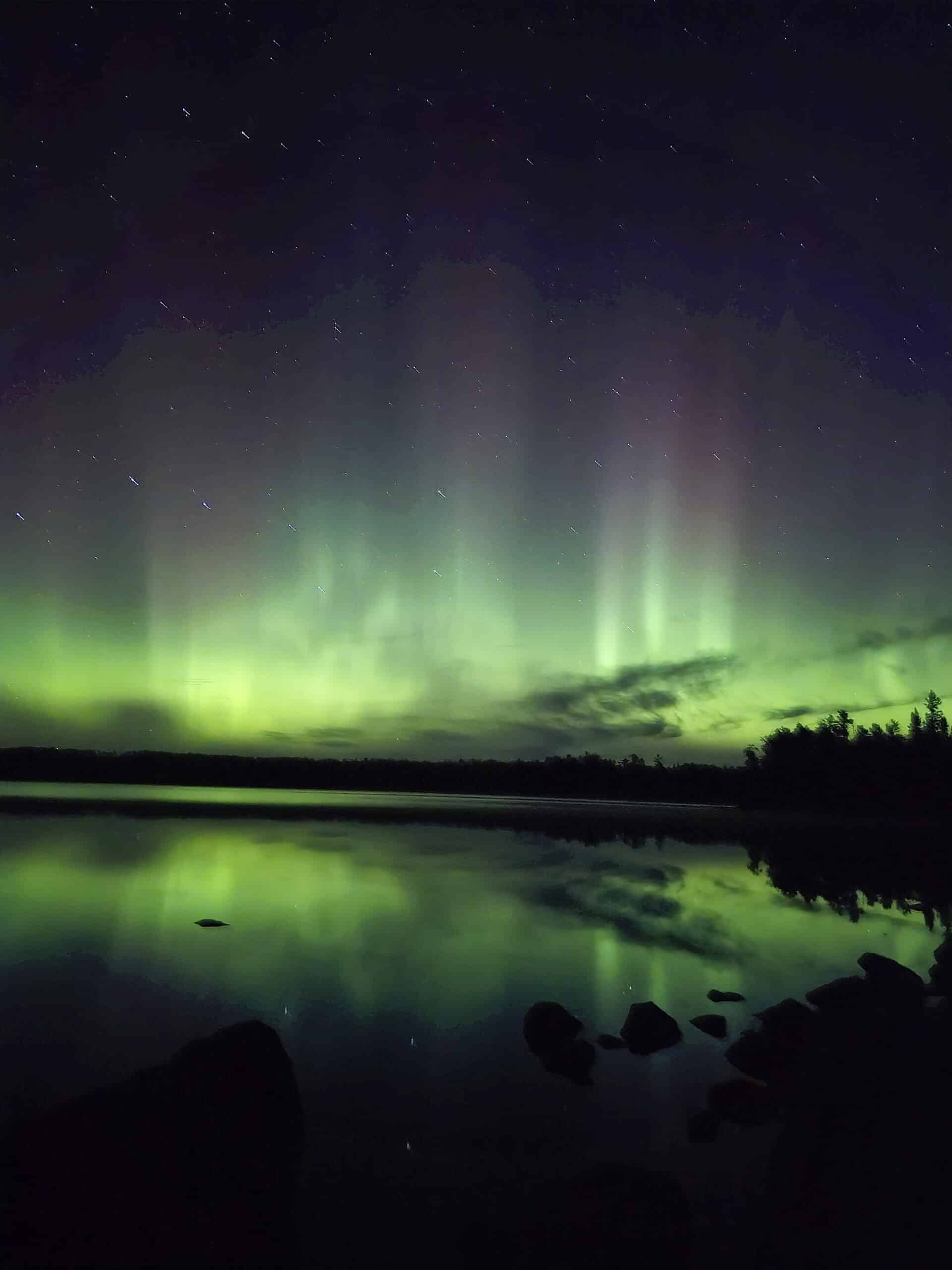 Bright northern lights display at Quetico Provincial Park.