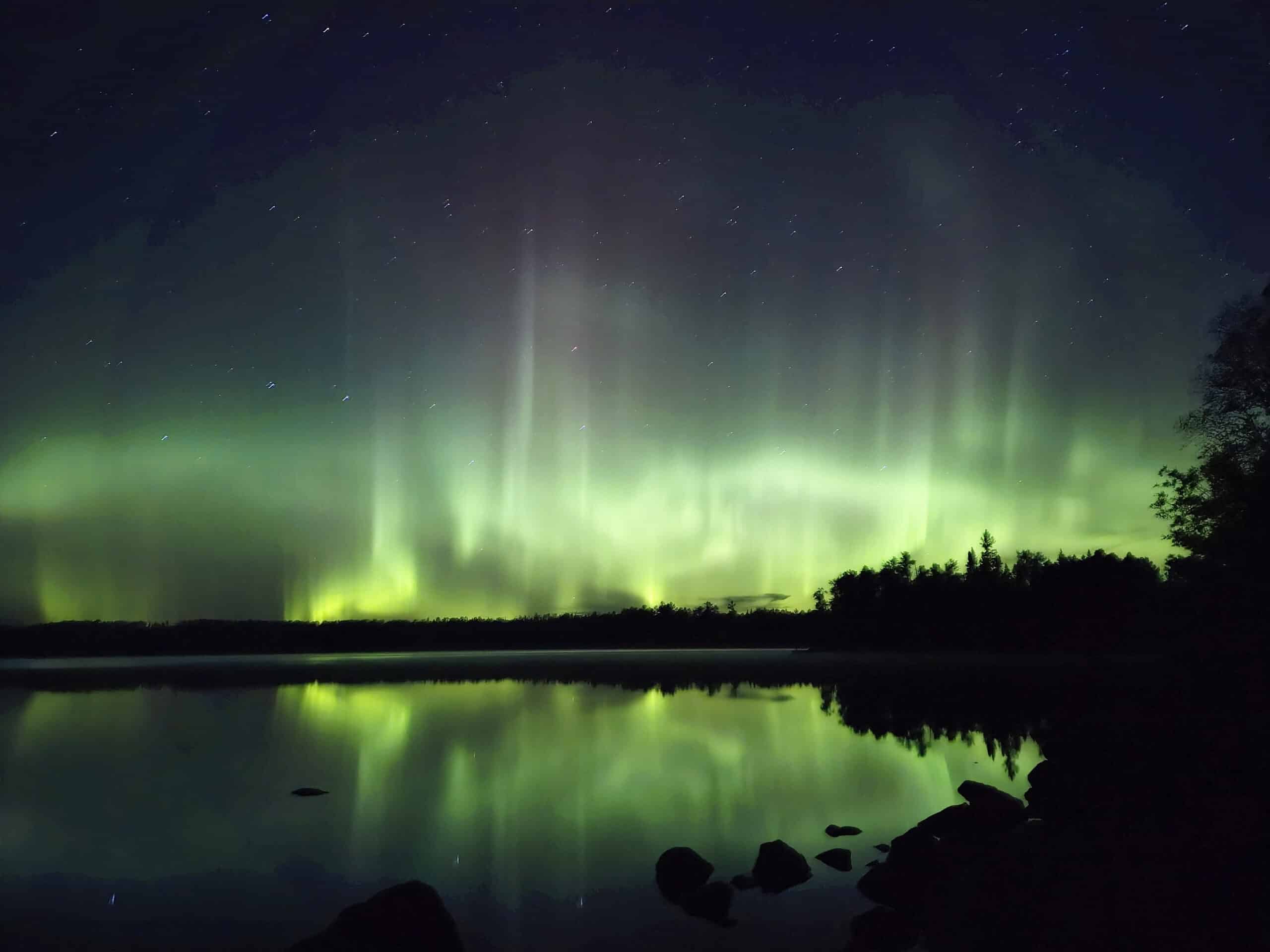 Bright northern lights display at Quetico Provincial Park.