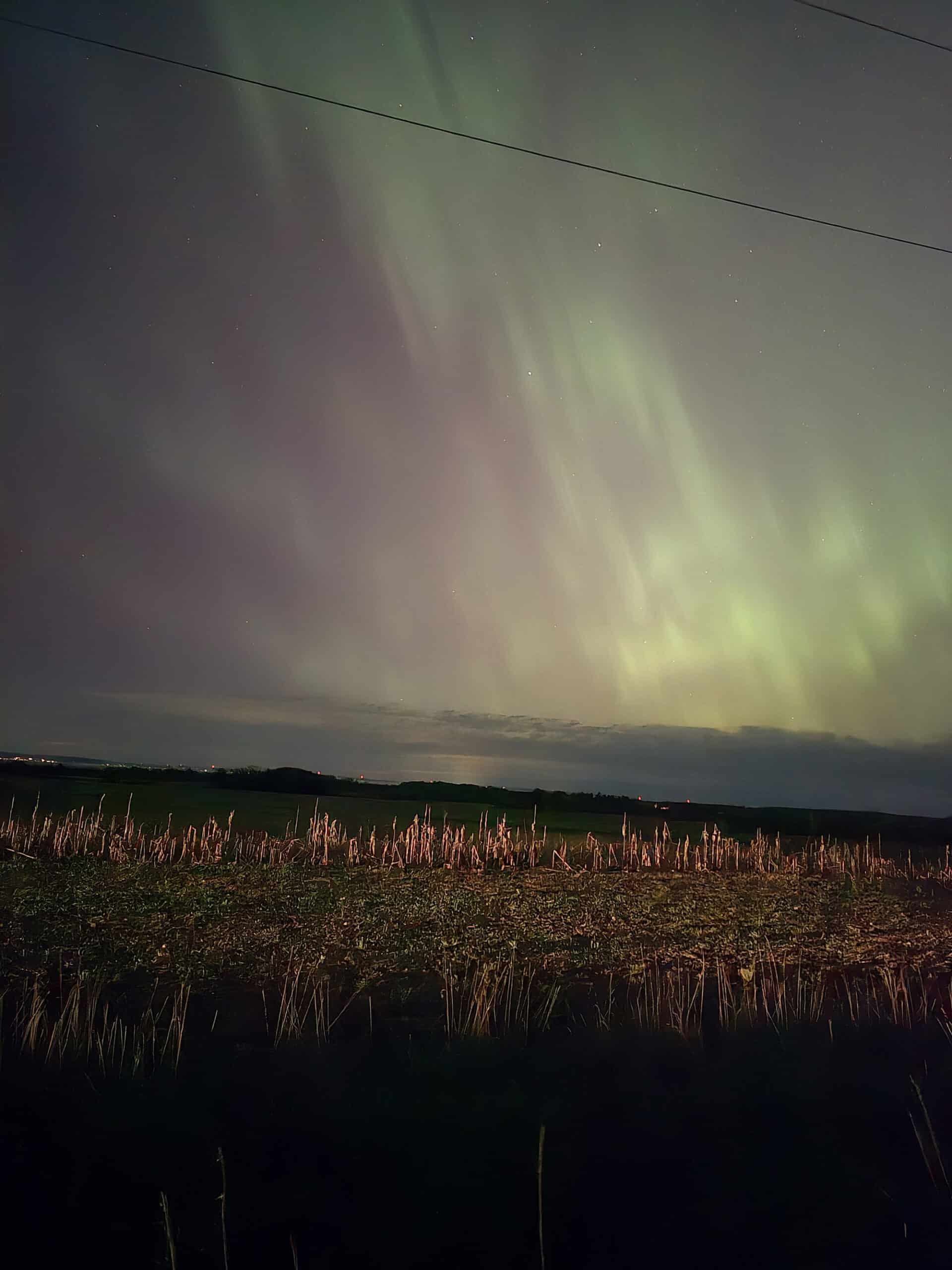 Northern lights over  a field.