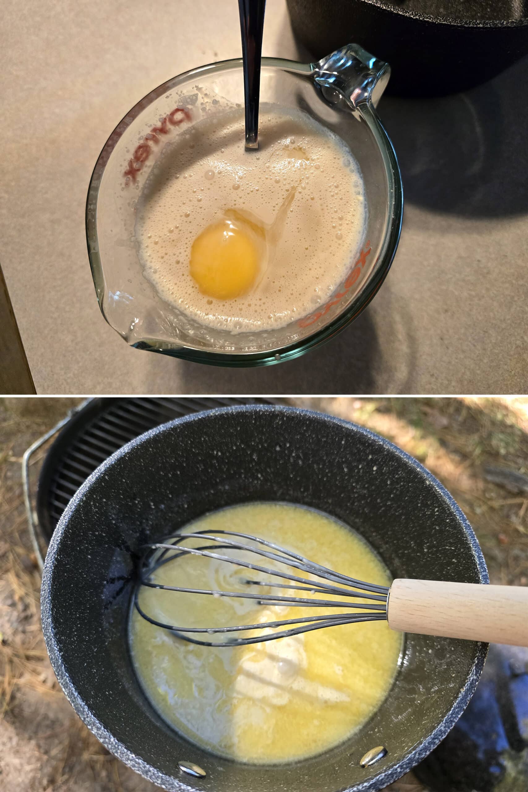 2 part image showing the maple cream sauce ingredients before and after being mixed together.