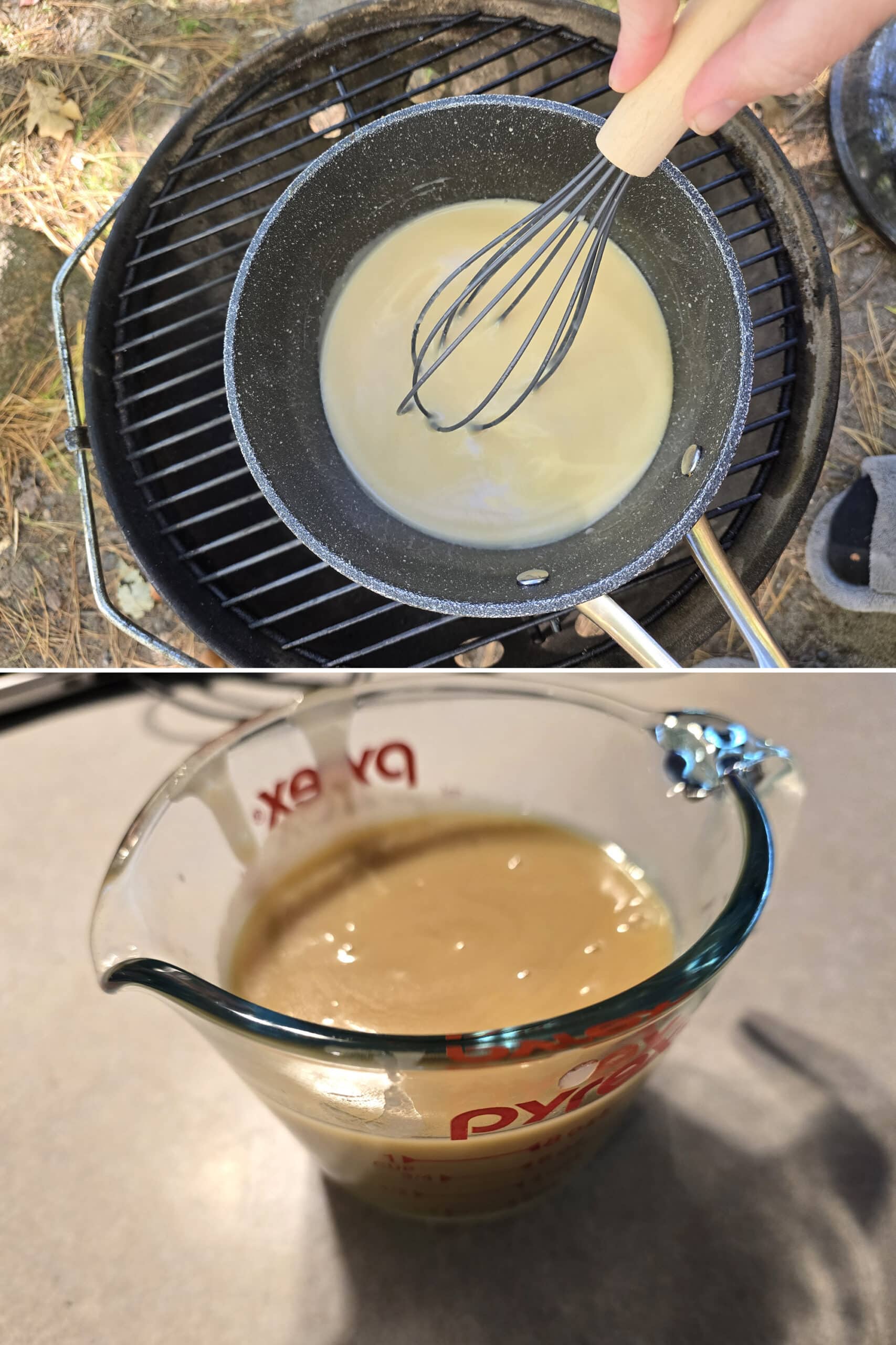 2 part image showing the maple cream sauce being cooked over a campfire.