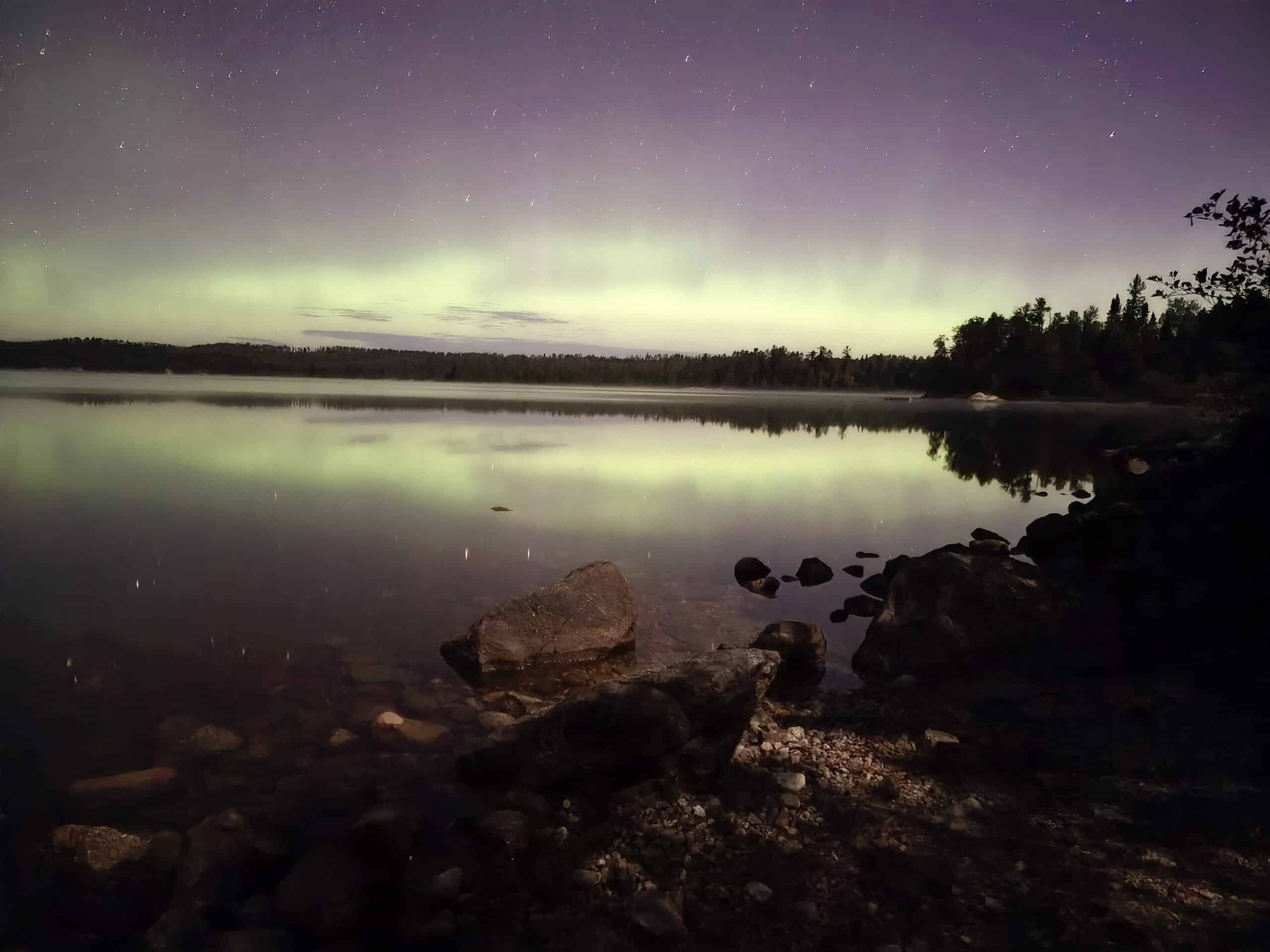 A bright green northern lights display in Ontario.