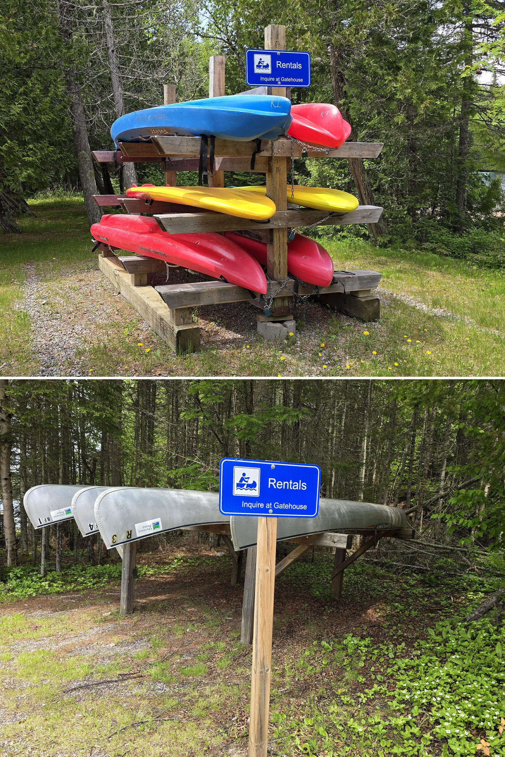 2 part image showing racks of rentals canoes and kayaks.