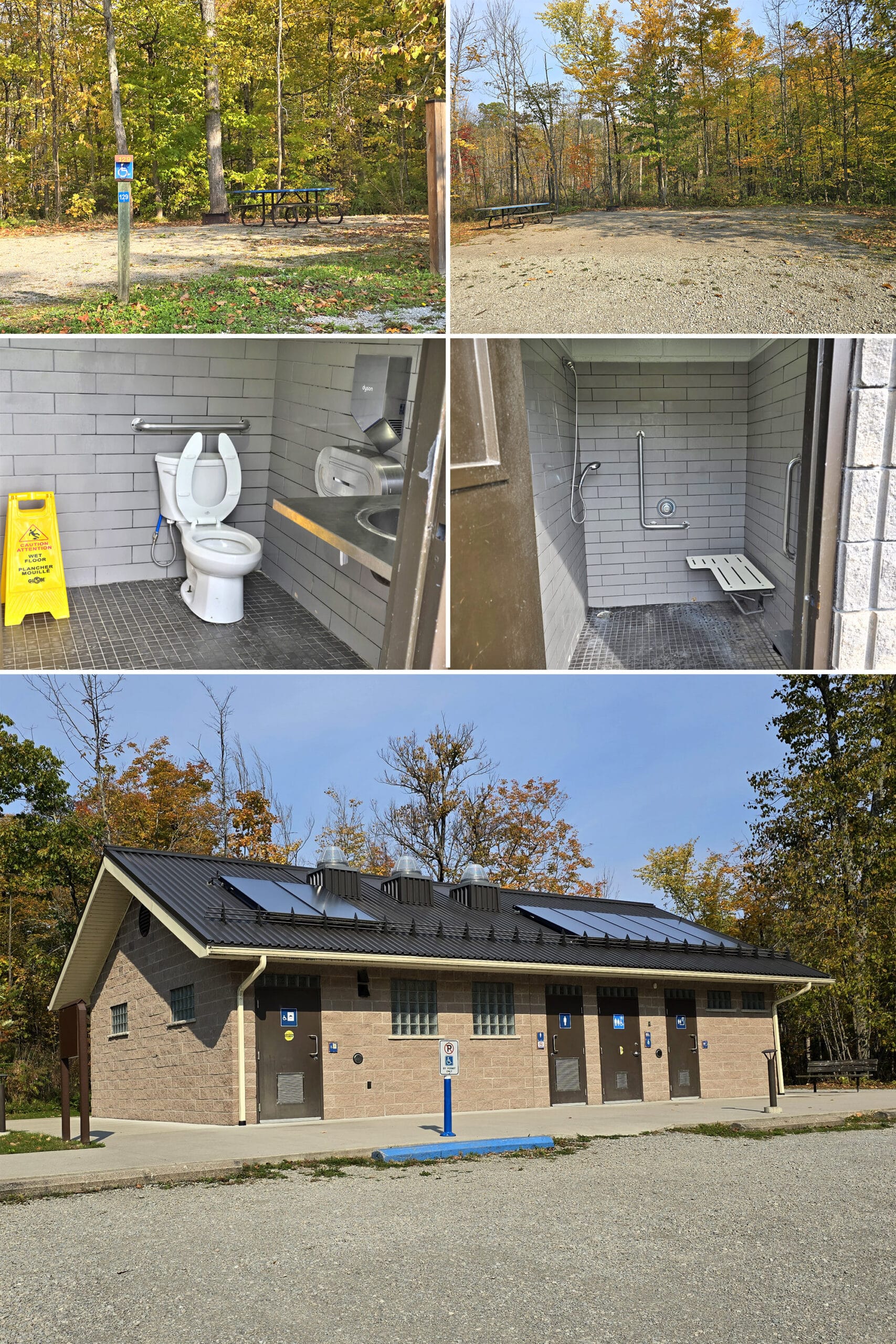 5 part image showing accessible campsites, washroom, shower, and comfort station at Six Mile Lake Provincial Park.