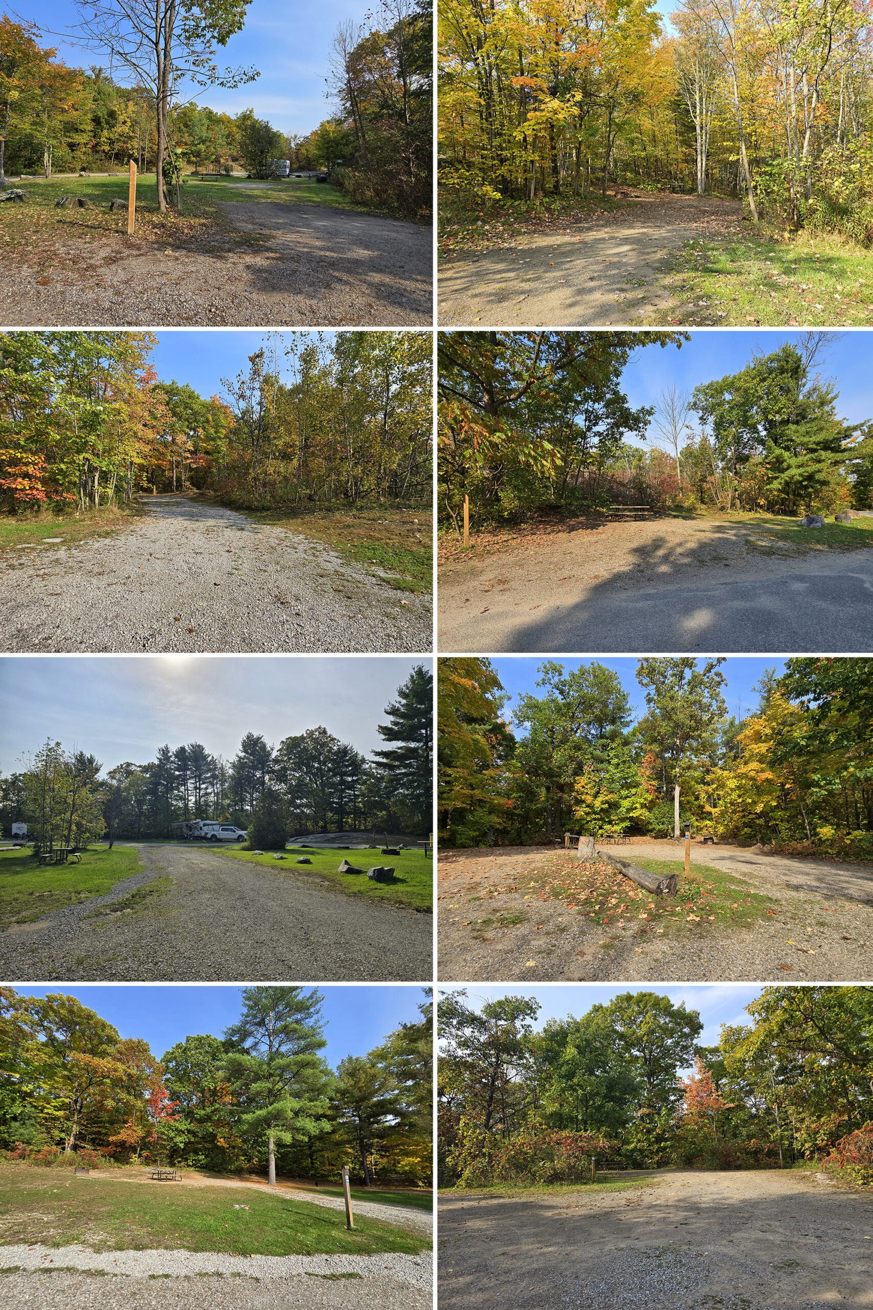 8 part image showing various campsites in the birch campground and pine campground in Six Mile Lake Provincial Park.