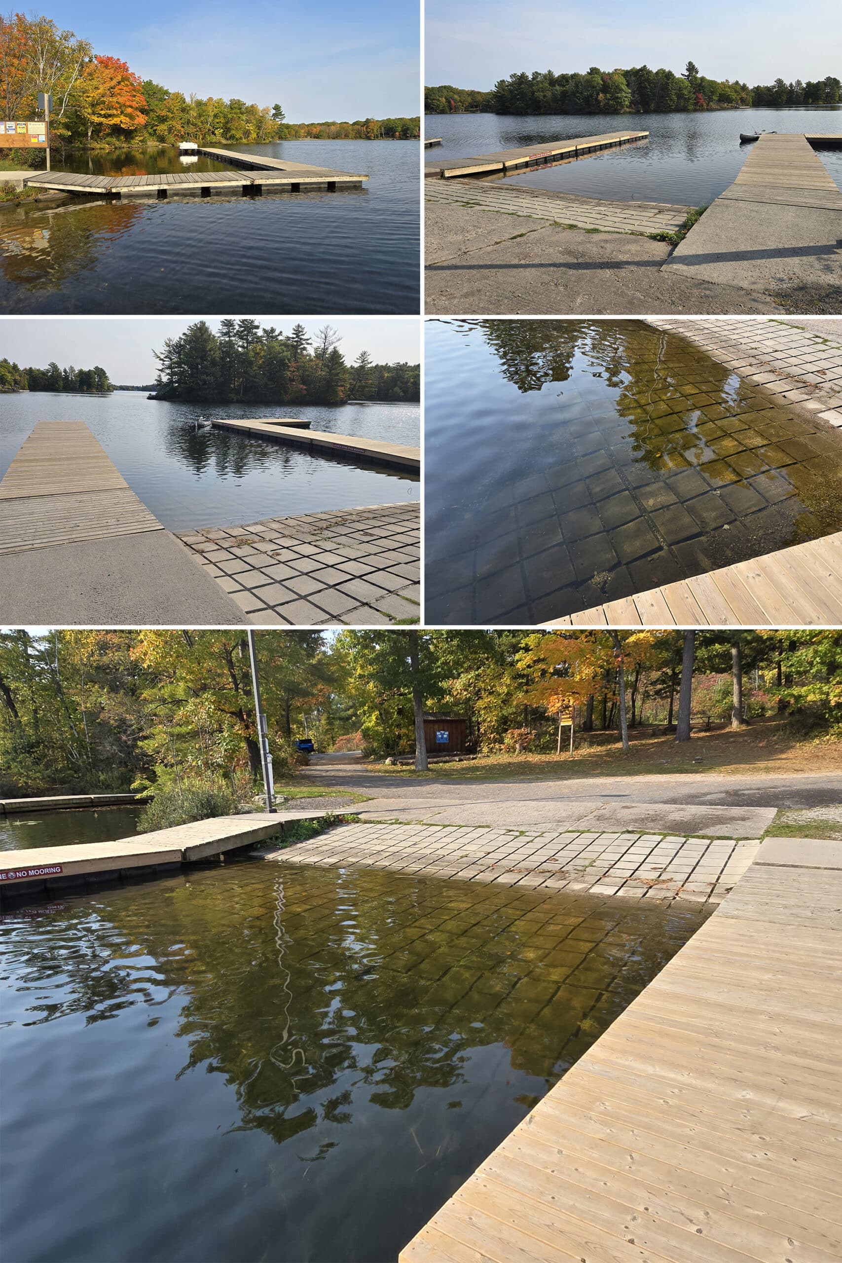 5 part image showing various views of the Six Mile Lake Provincial Park boat launch.