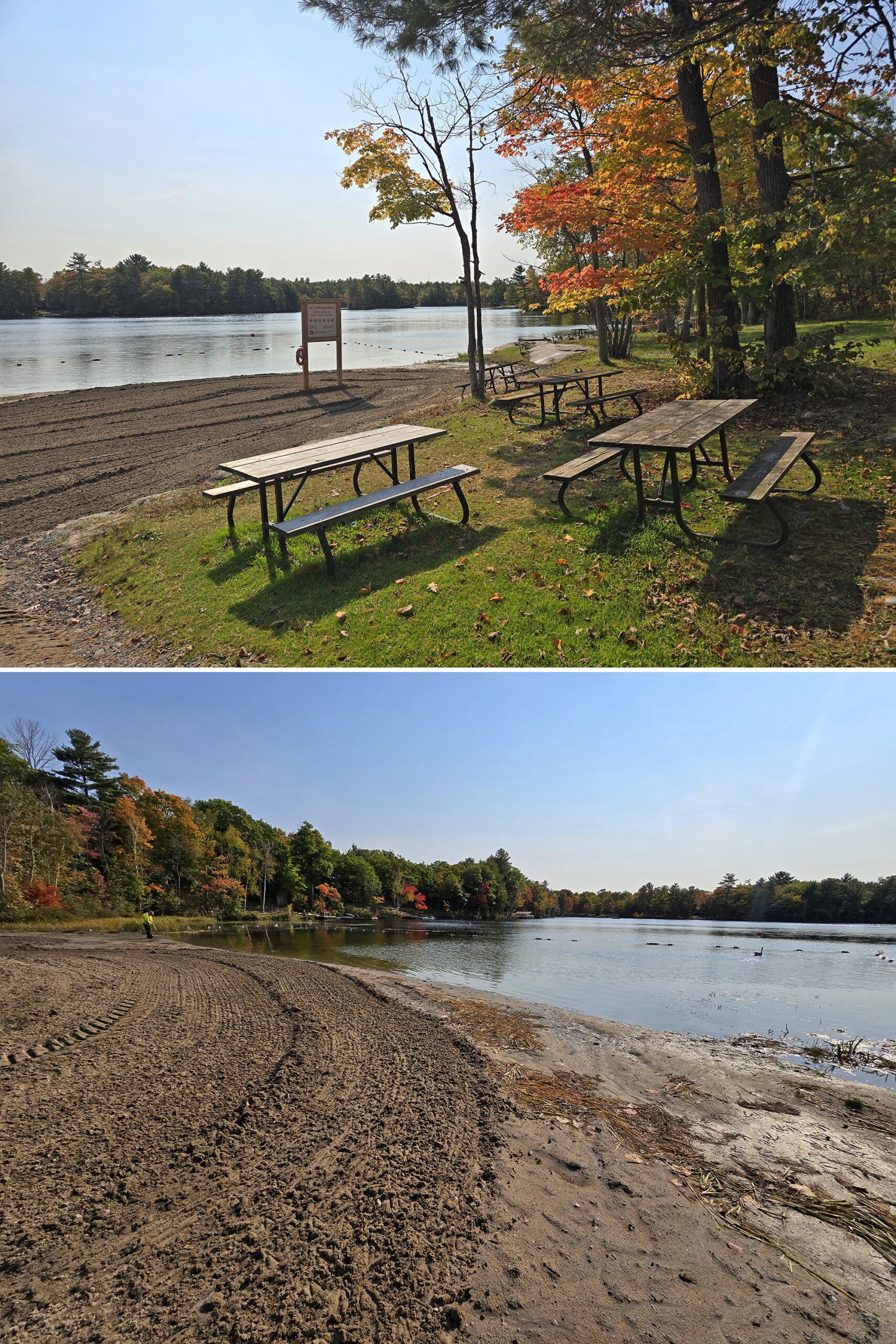 2 part image showing the Six Mile Lake Provincial Park campground beach.