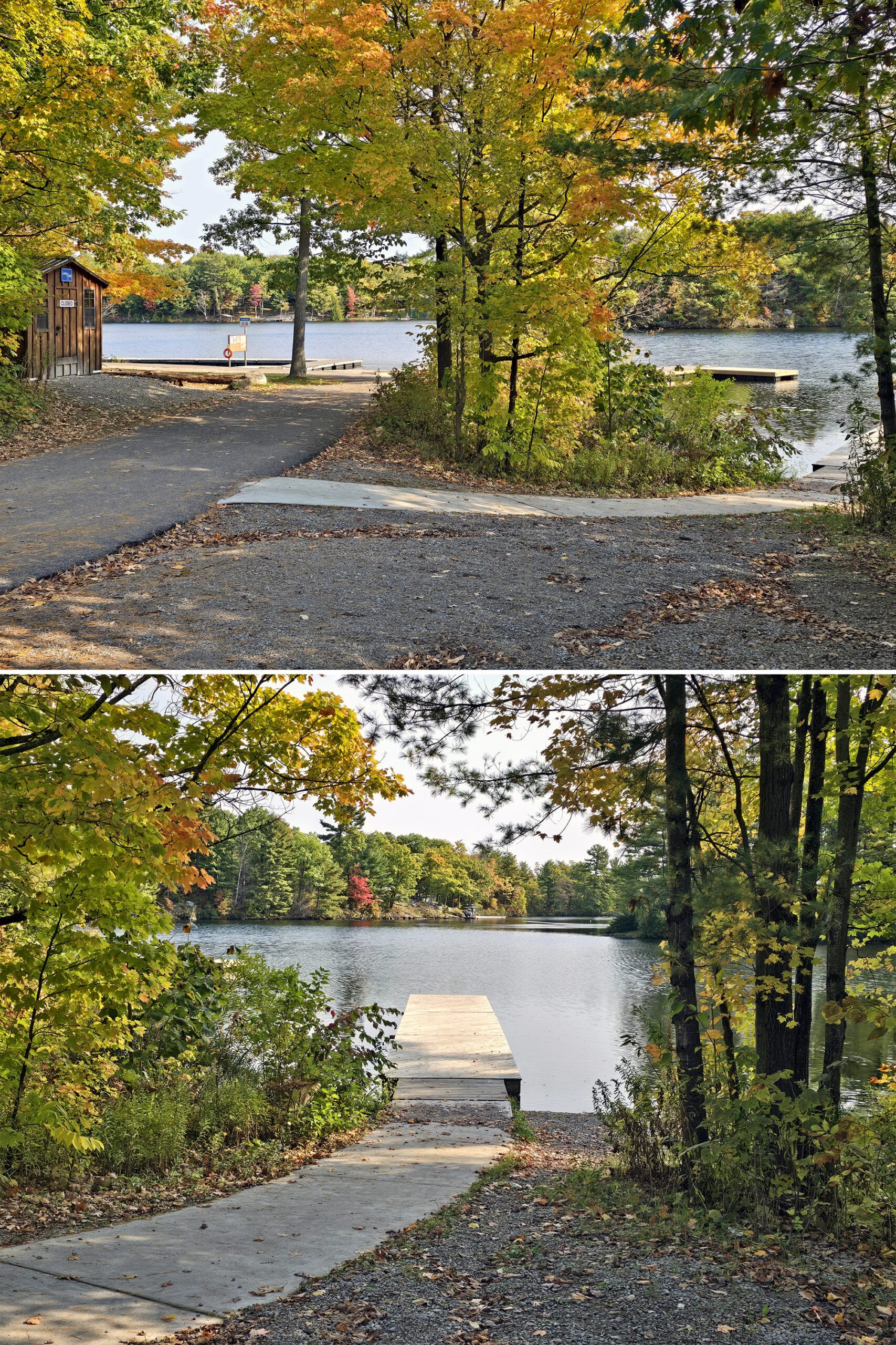 2 part image showing a small canoe launch on six mile lake.