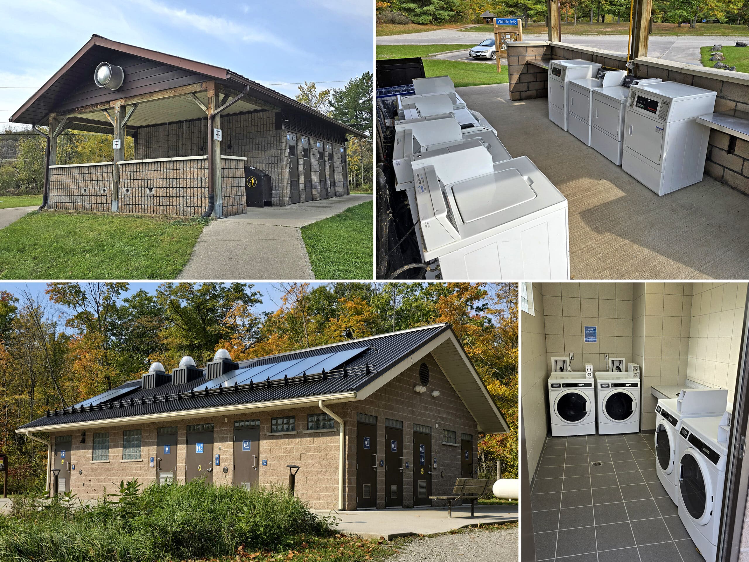 4 part image showing the 2 comfort stations at Six Mile Lake Provincial Park, as well as the laundry facilities at each.