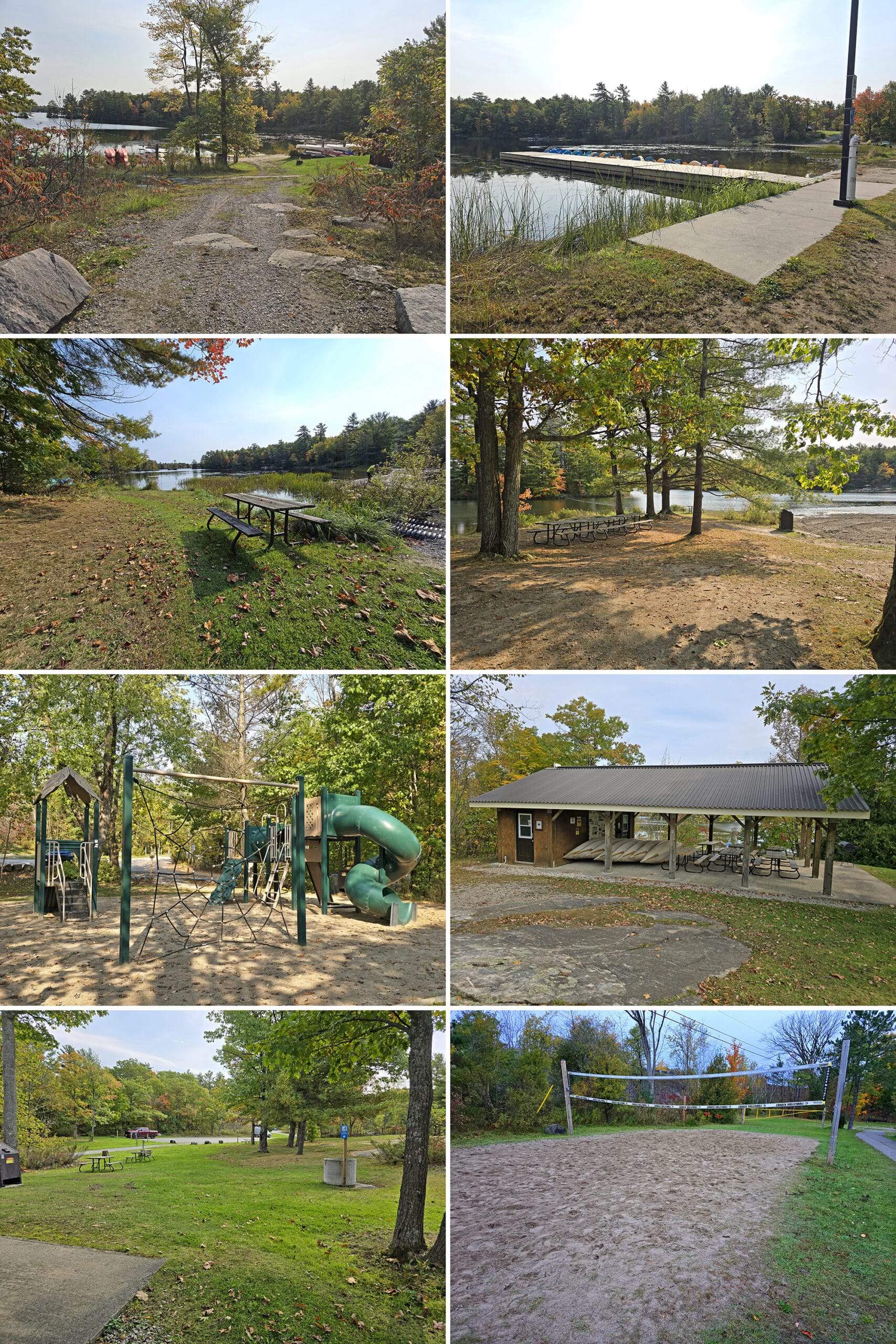 8 part image showing various views of the day use area in six mile lake provincial park.