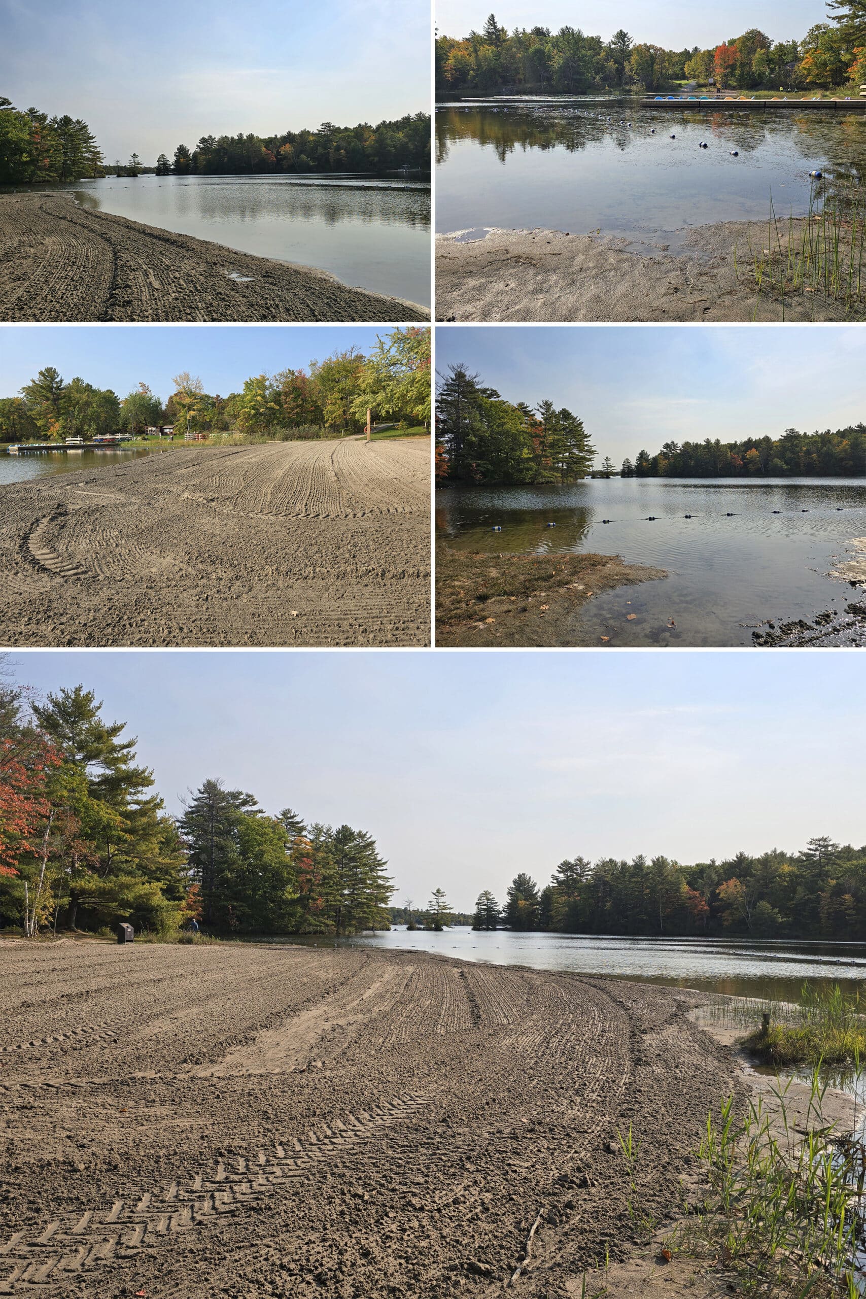 5 part image showing the day use beach at six mile lake provincial park.