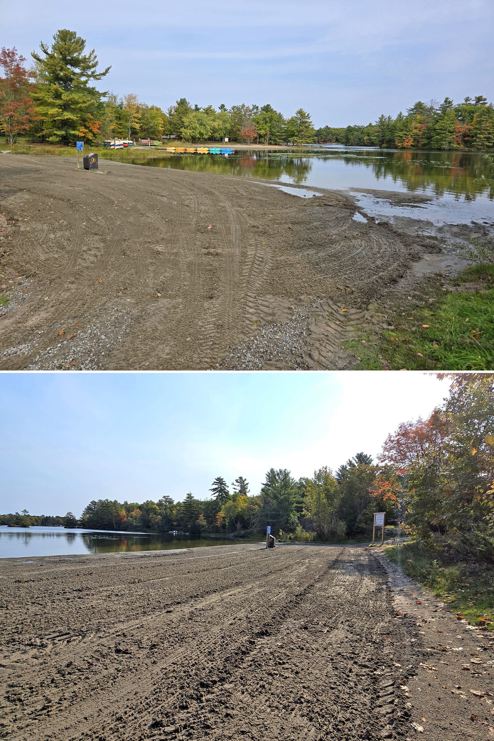 2 part image showing the dog beach at six mile lake provincial park.