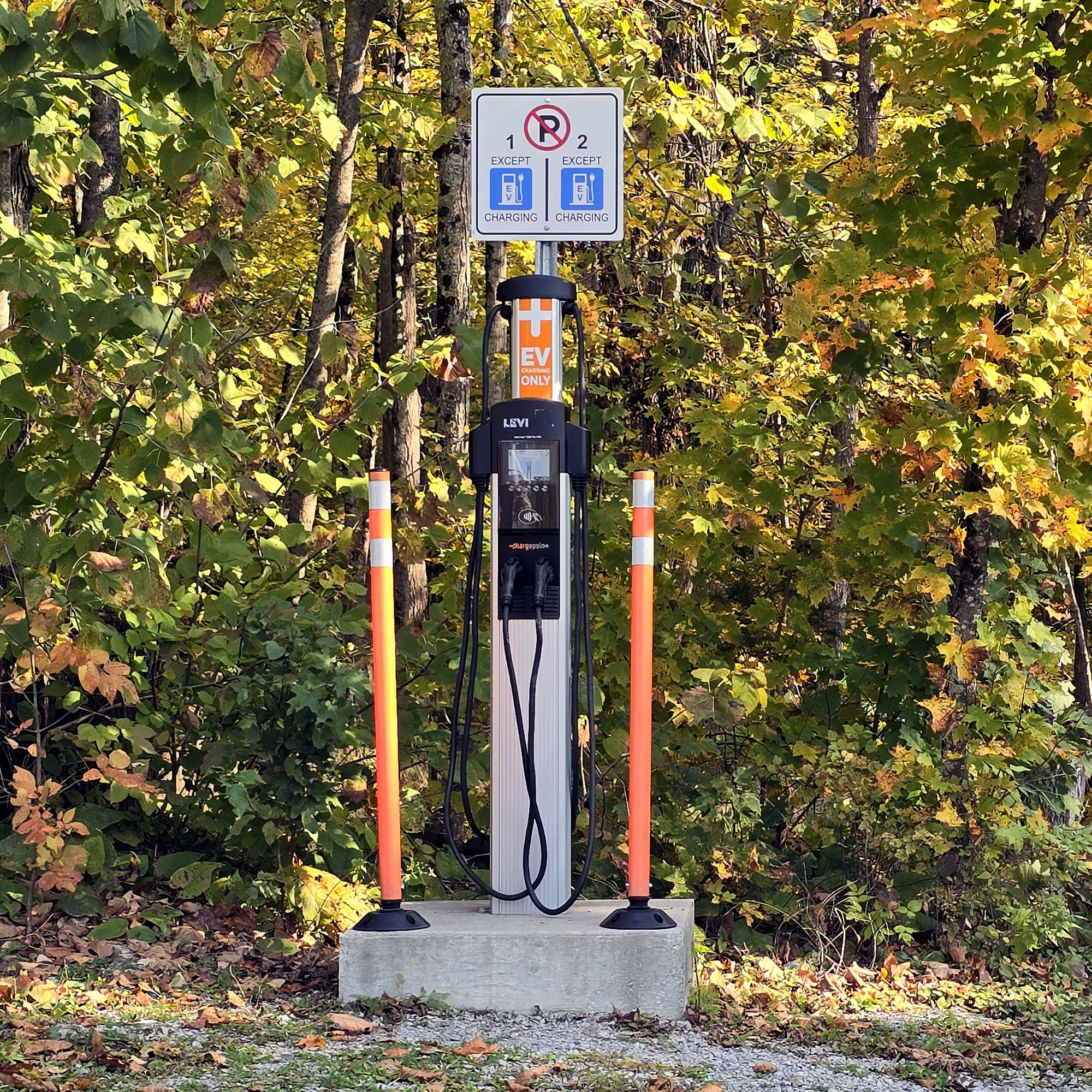 A 2 port EV charging station at six mile lake provincial park.