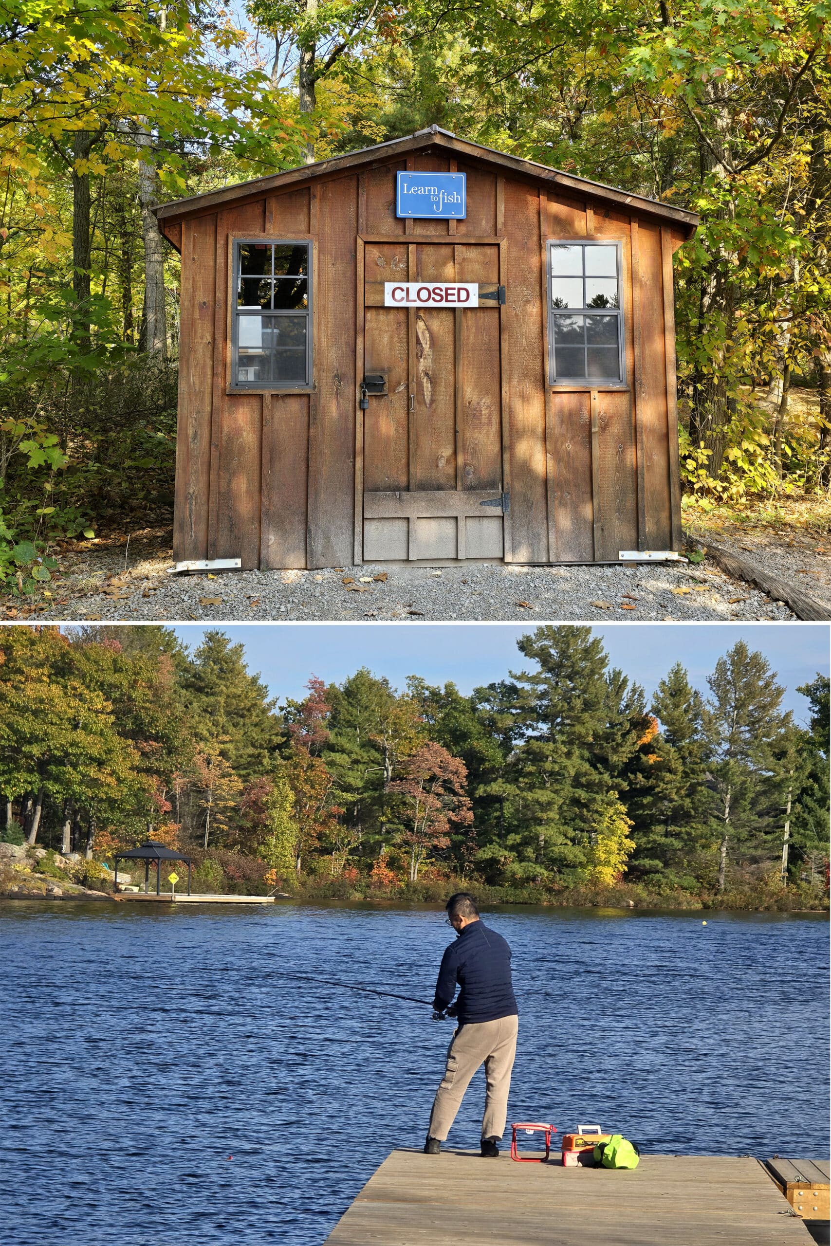 2 part image showing the learn to fish shack and a man fishing off a dock at six mile lake provincial park.